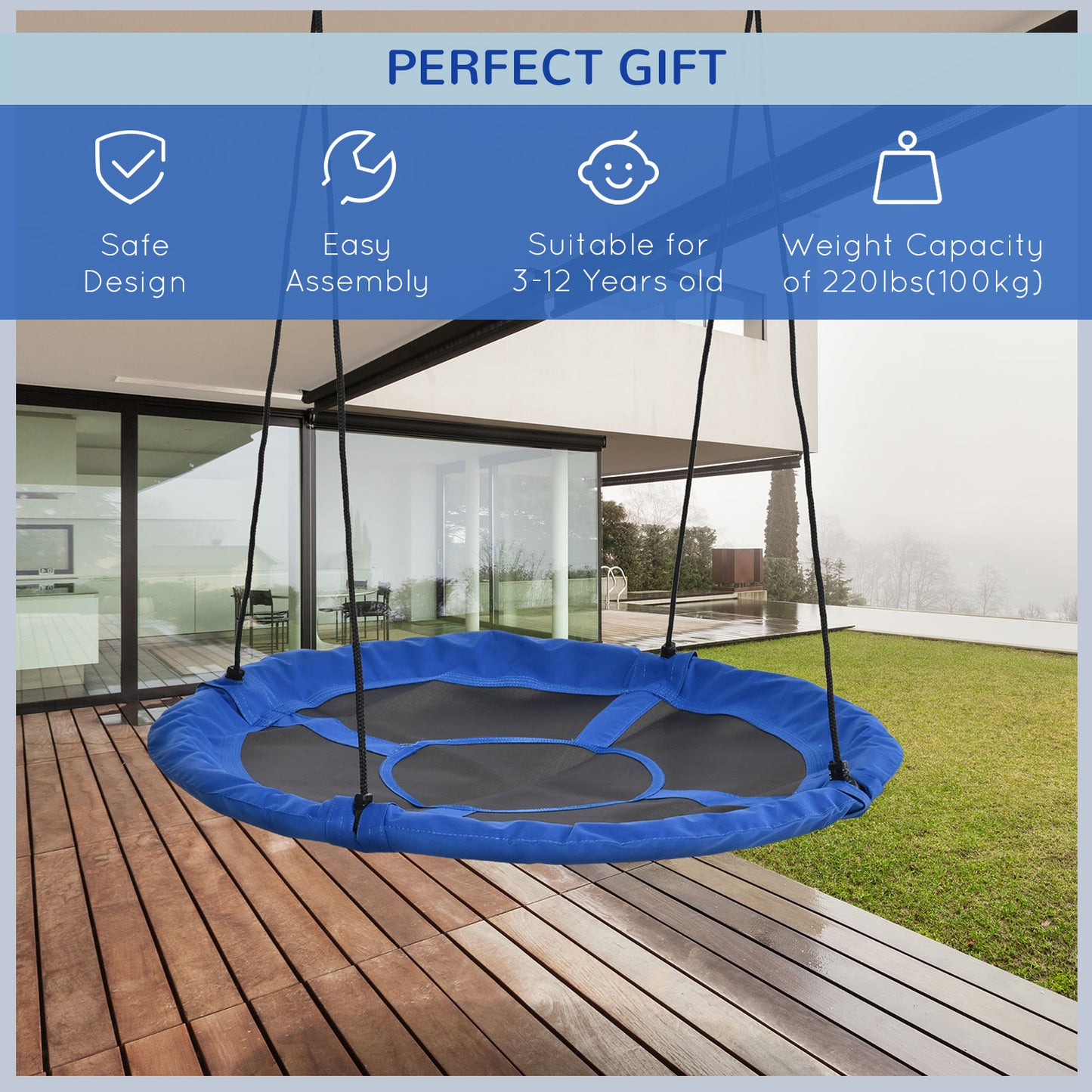 Giant Saucer Tree Swing, 43.25" Nest Web Rope Hanging Seat for Backyard Playground - Blue