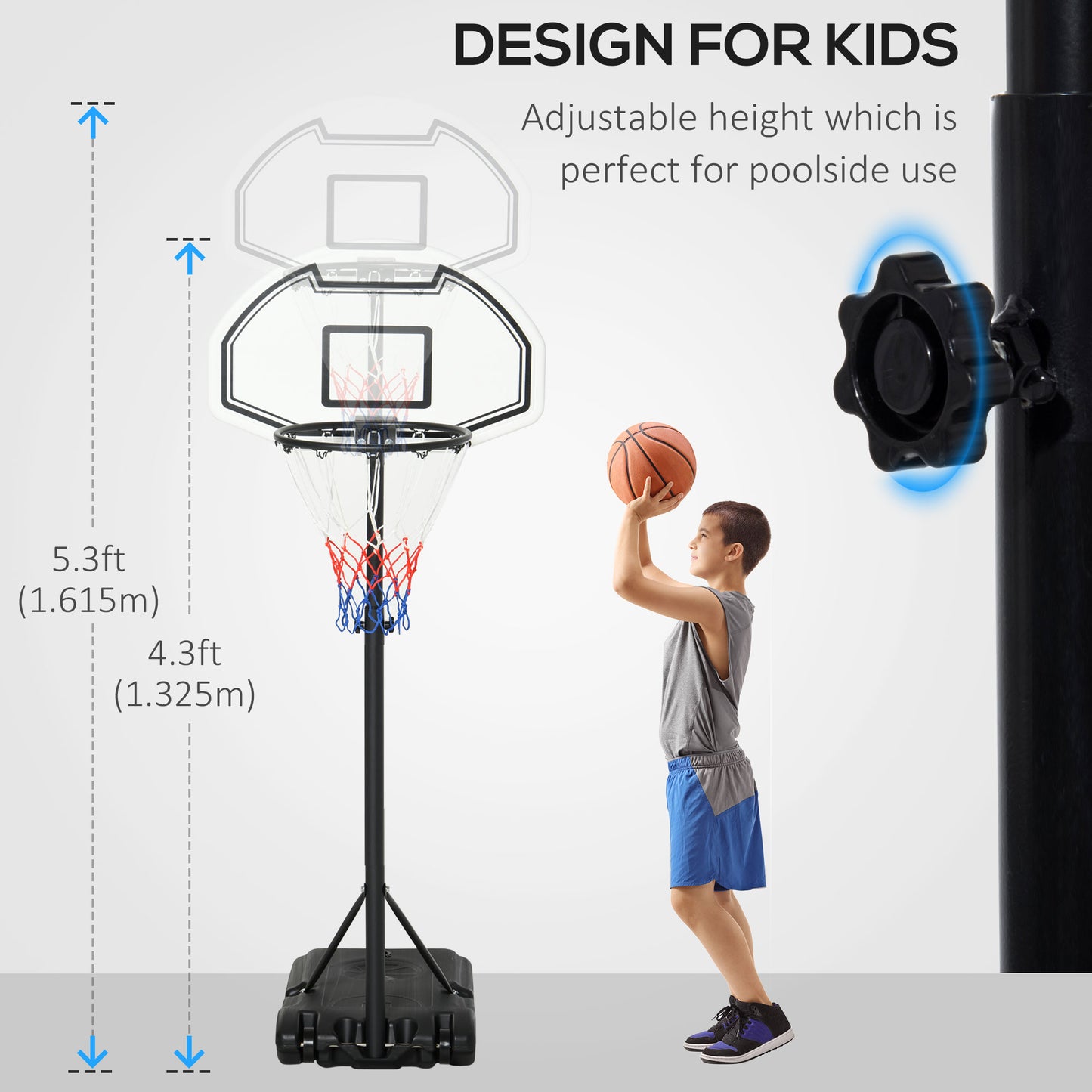 51"-64" Height Adjustable Basketball Hoop System Portable Poolside with Wheels Kids Crystal