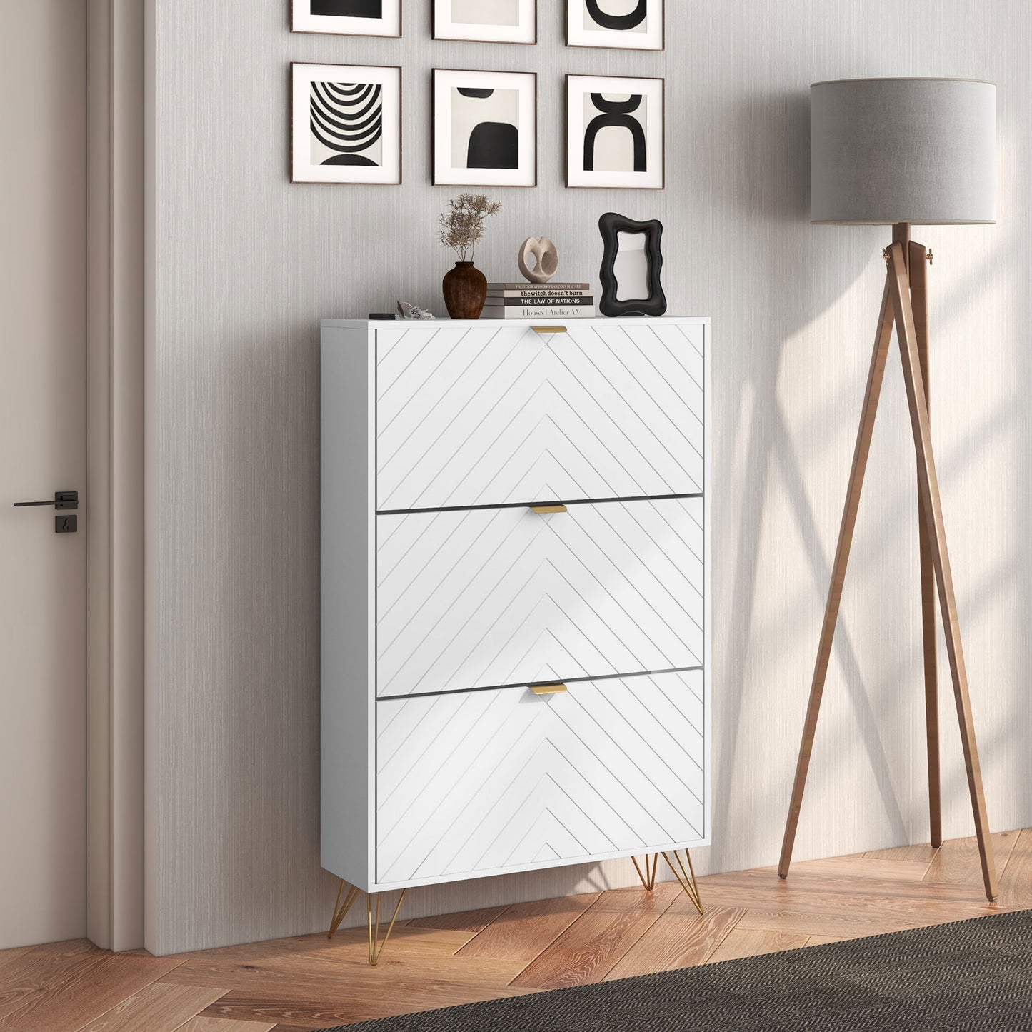 Shoe Sanctuary: Modern White Cabinet with 3 Flip Drawers, 8 Vents, Narrow Design for 18 Pairs, Entryway Organizer Kids Crystal