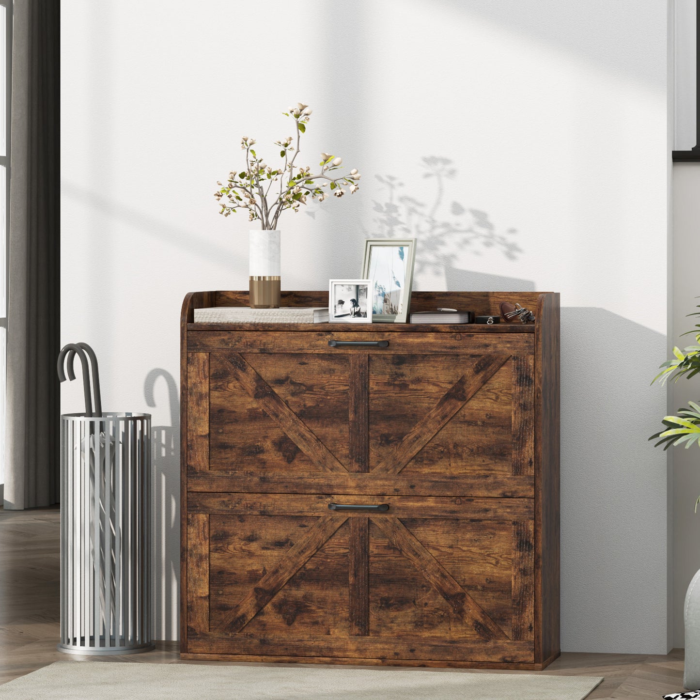 Narrow Shoe Storage Cabinet, Farmhouse Slim Shoe Cabinet with 2 Flip Drawers, Adjustable Shelves, Rustic Brown Kids Crystal