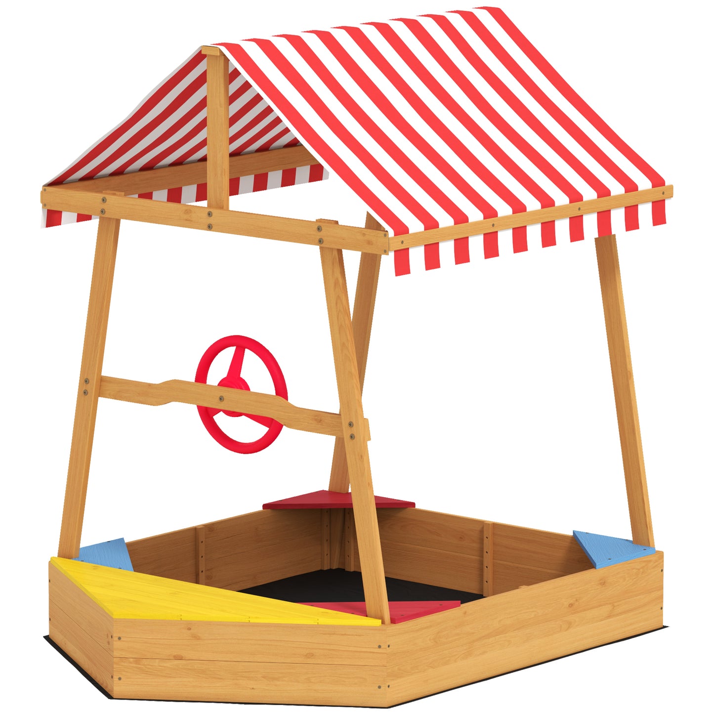 Wooden Kids Sandbox with Cover, 4 Seats, Rudder, Deck, Bottom Liner, 52" x 40" x 55.5" for Ages 3-8, Yellow Kids Crystal