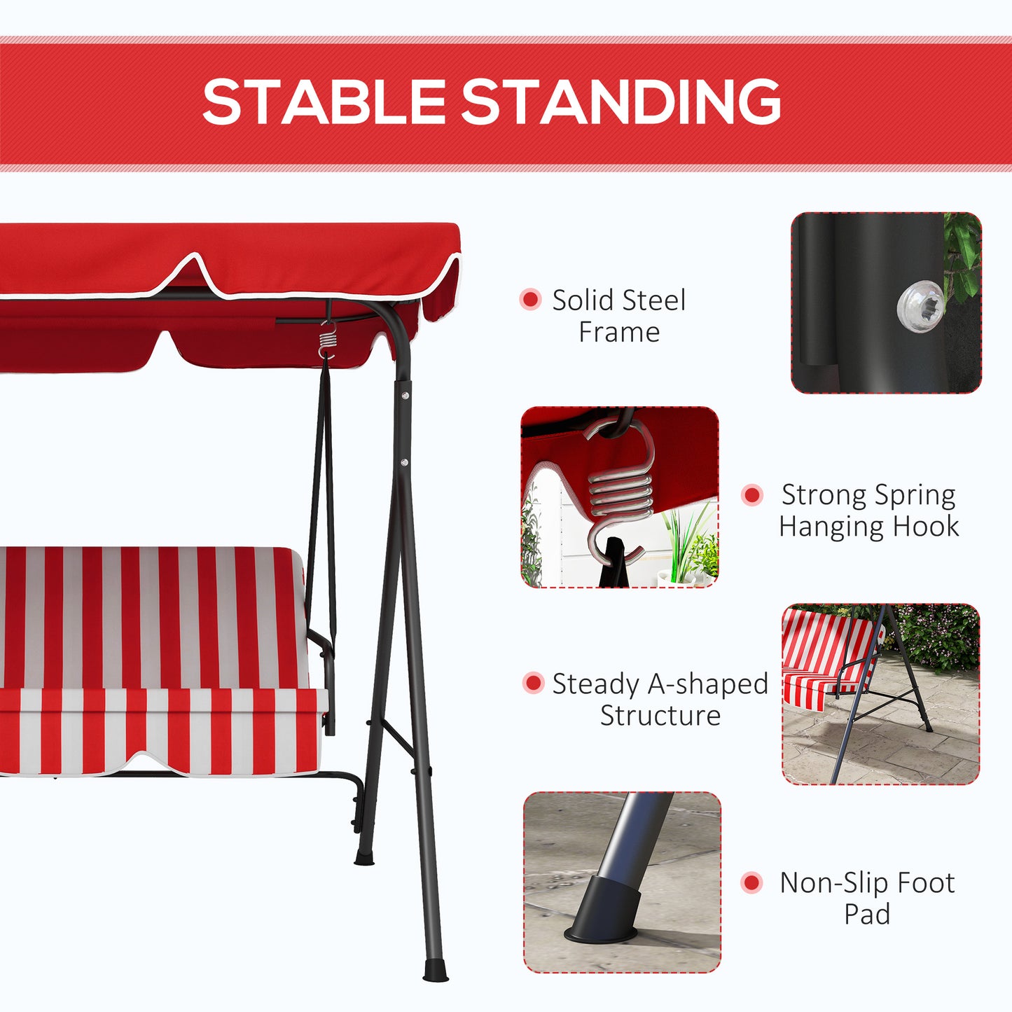 3-Seater Outdoor Porch Swing with Adjustable Canopy, Patio Swing Chair for Garden, Poolside, Backyard, Red