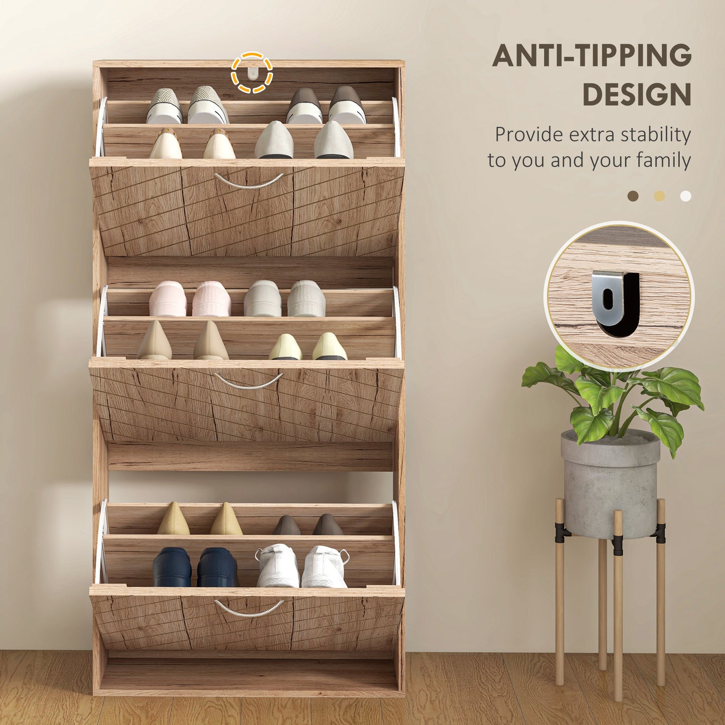 Narrow Slim Shoe Storage Cabinet with 3 Flip Drawers 12 Pair Shoes Organizer for Hallway Entryway Nature Wood Kids Crystal