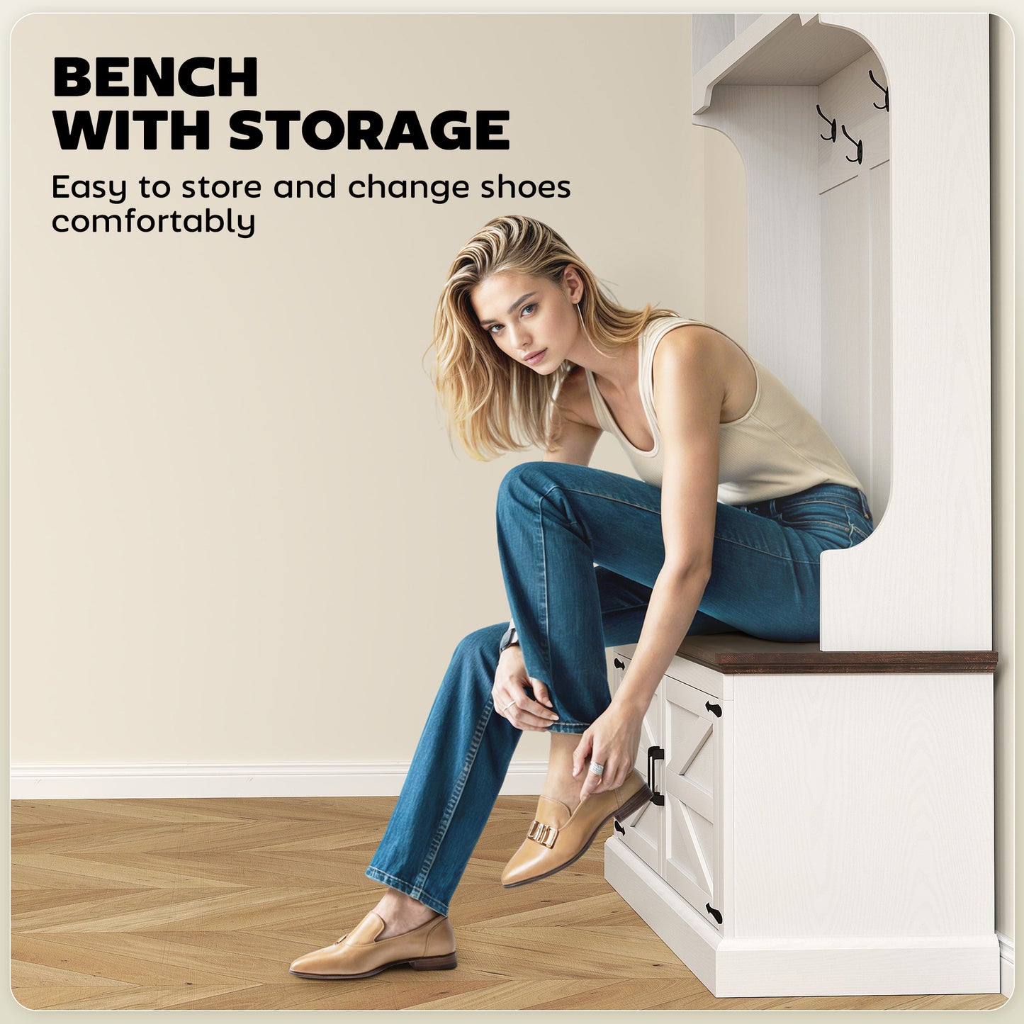 3-in-1 Hall Tree with Bench, Coat Rack with Shoe Storage, White Wood Grain