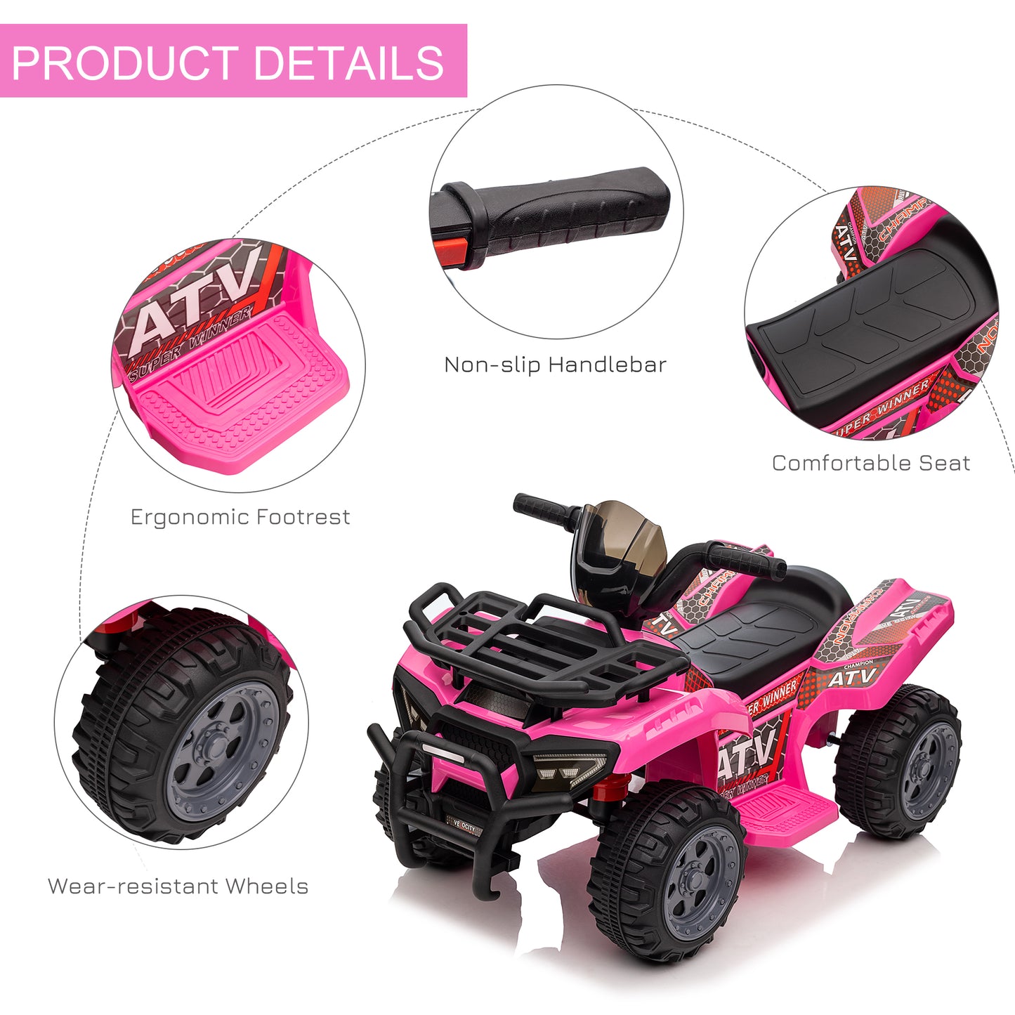 Ride-On ATV: 6V Battery Powered, Four Wheeler, Headlights, 18-36 Months, Pink, Toddler Quad Kids Crystal