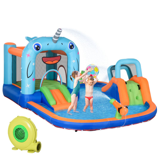Narwhals Style 5-in-1 Inflatable Water Slide Kids Bounce House with Trampoline Climbing Wall Slide Carry Bag Kids Crystal