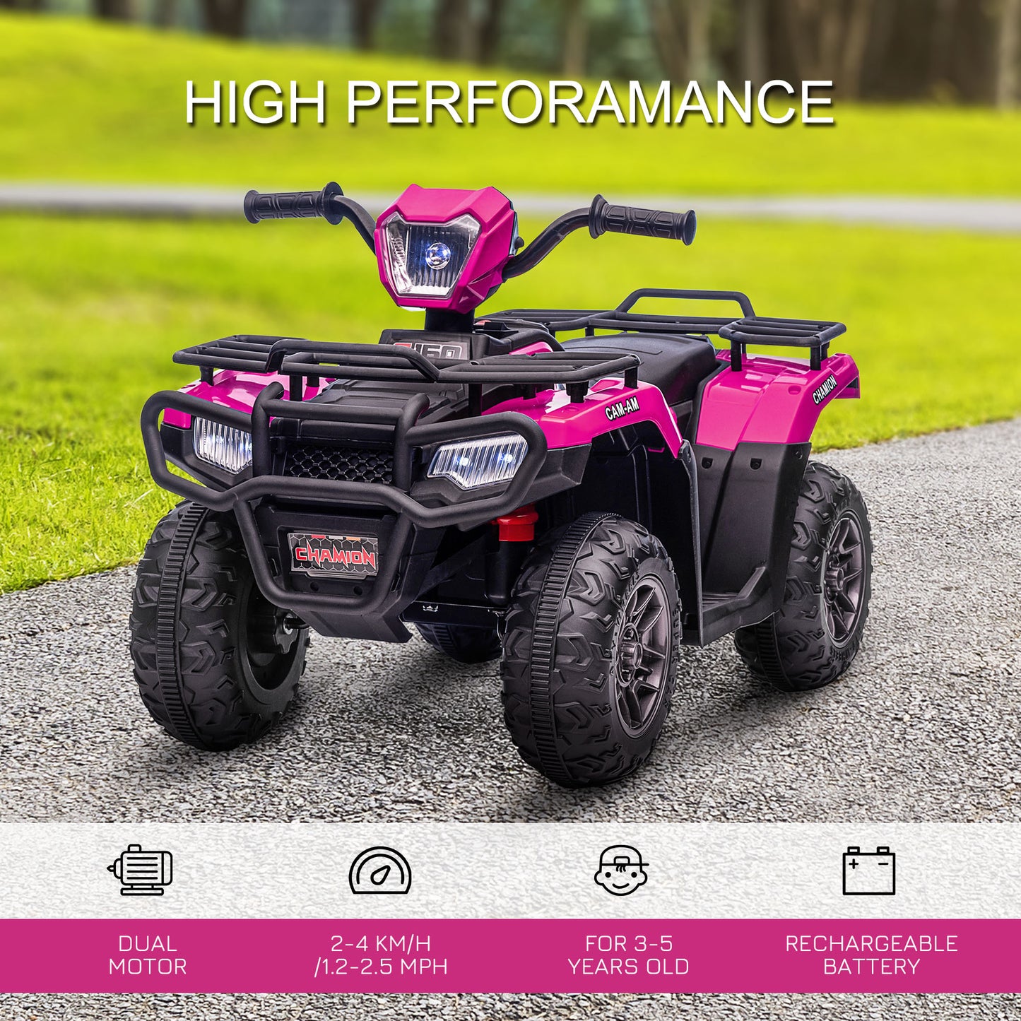 Kids ATV: 12V, 4 Wheeler Quad, Battery Powered, Music, LED Lights, Treaded Tires, 3-5 Years, Pink Kids Crystal