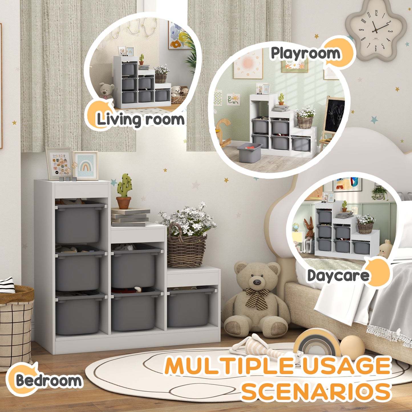 3 Layers Toy Storage Organizer Kids Bookshelf Children Toy Storage w/ 6 Plastic Bins, White