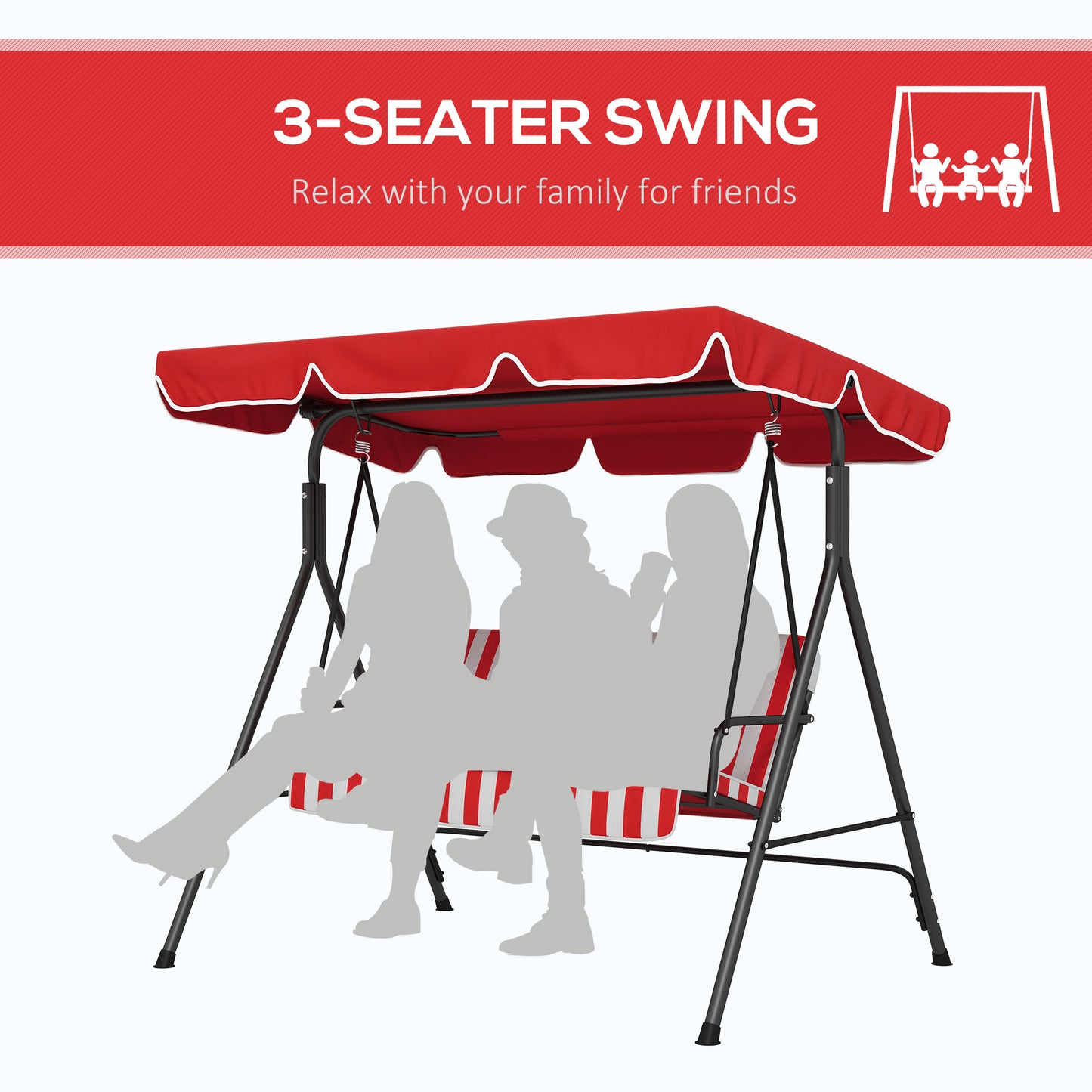 3-Seater Outdoor Porch Swing with Adjustable Canopy, Patio Swing Chair for Garden, Poolside, Backyard, Red