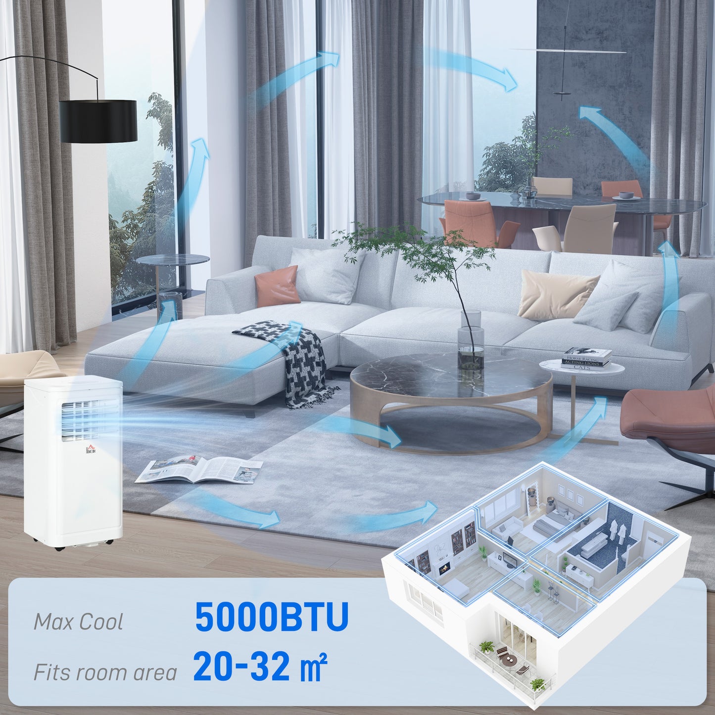 Portable Air Conditioner 8000 BTU Remote 4-in-1 Dehumidifier Fan 24H Timer White