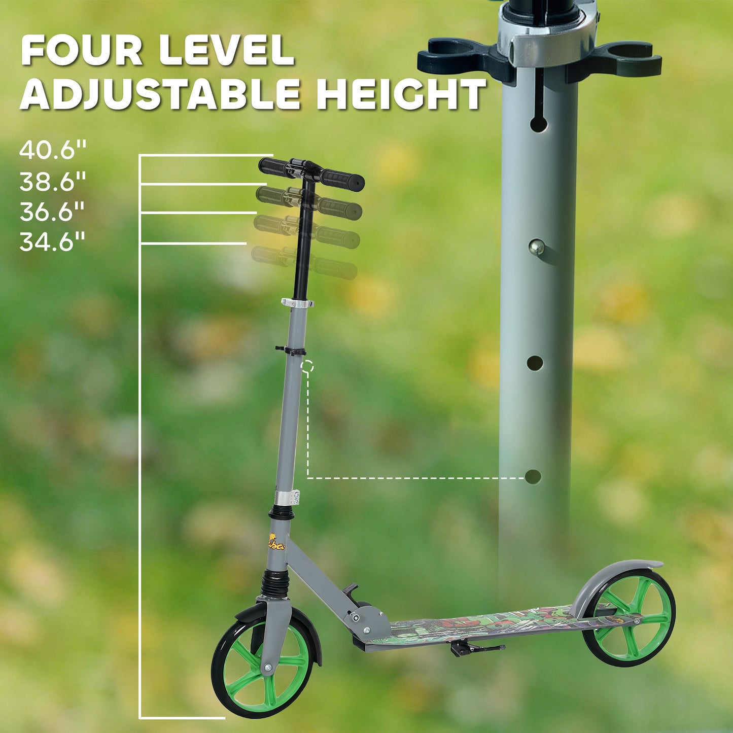 Kick Scooter for Kids Ages 6-12 with Adjustable Height, Rear-Fender Brake, 200mm Big Wheel, Foldable Design, Green Kids Crystal