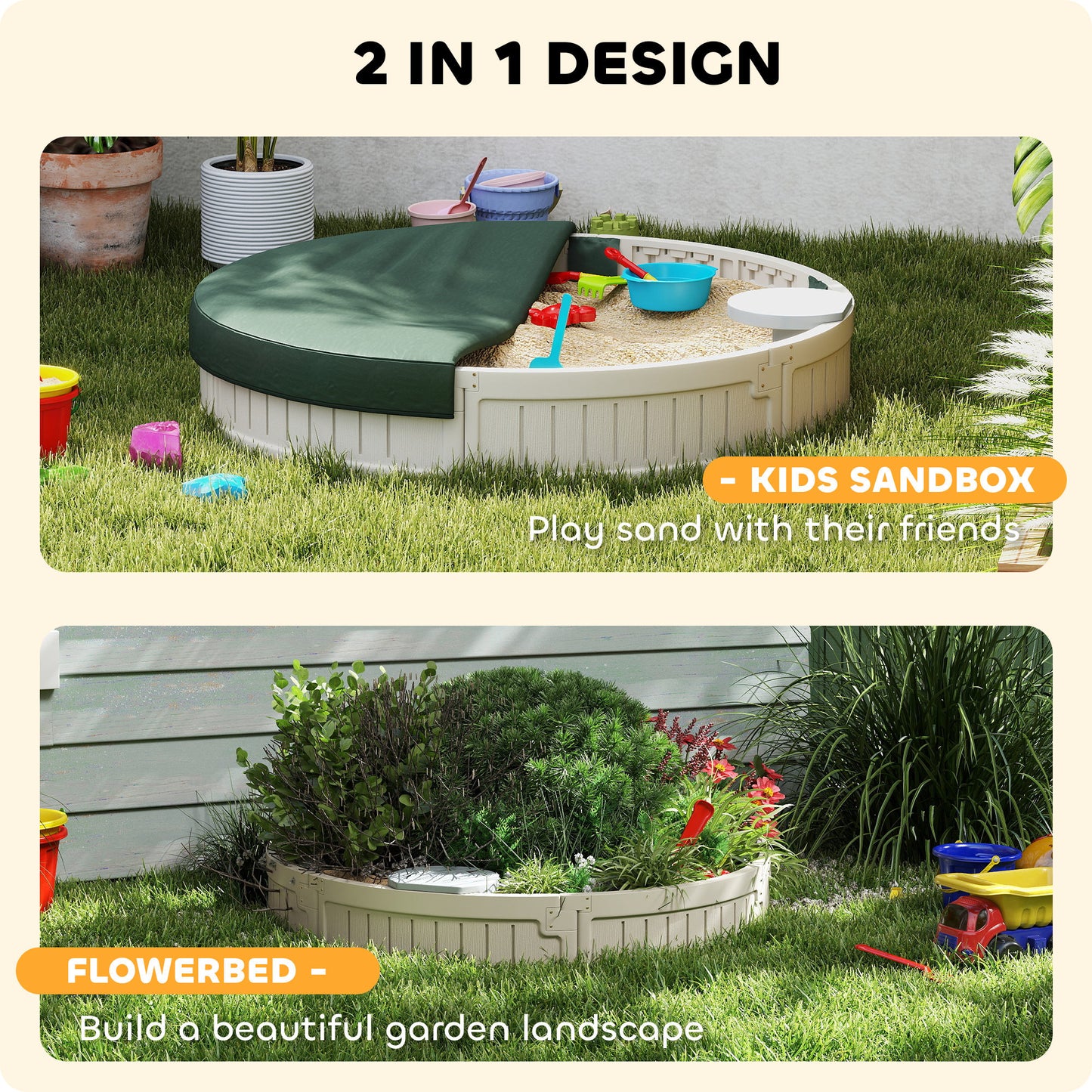 Kids Outdoor Sandbox with Cover Waterproof Oxford Canopy, Bottom Fabric Liner for 3-12 years old, Backyard, Cream White Kids Crystal