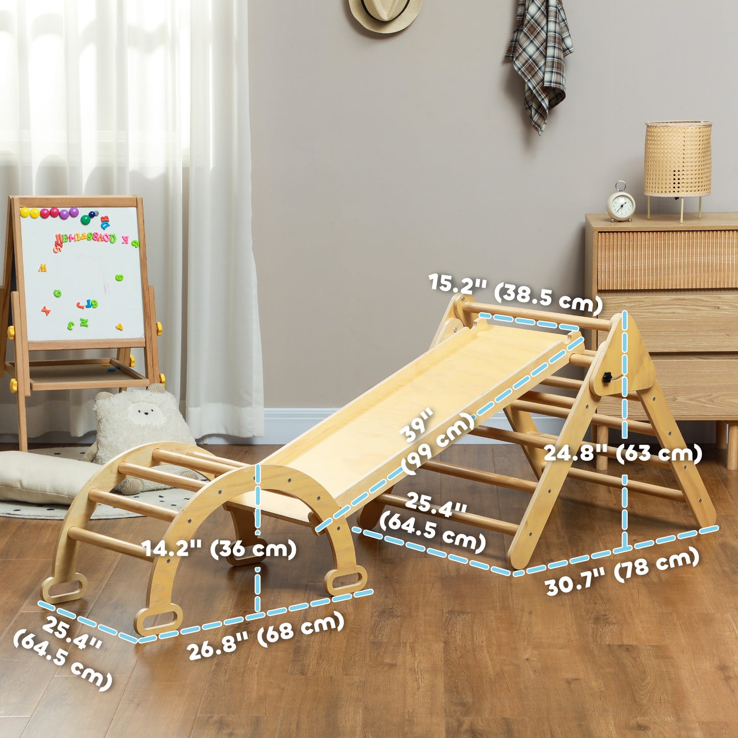 5 in 1 Pikler Triangle Set with Ladder, Ramp, Arch, for 18-48 months, Nature Wood Kids Crystal