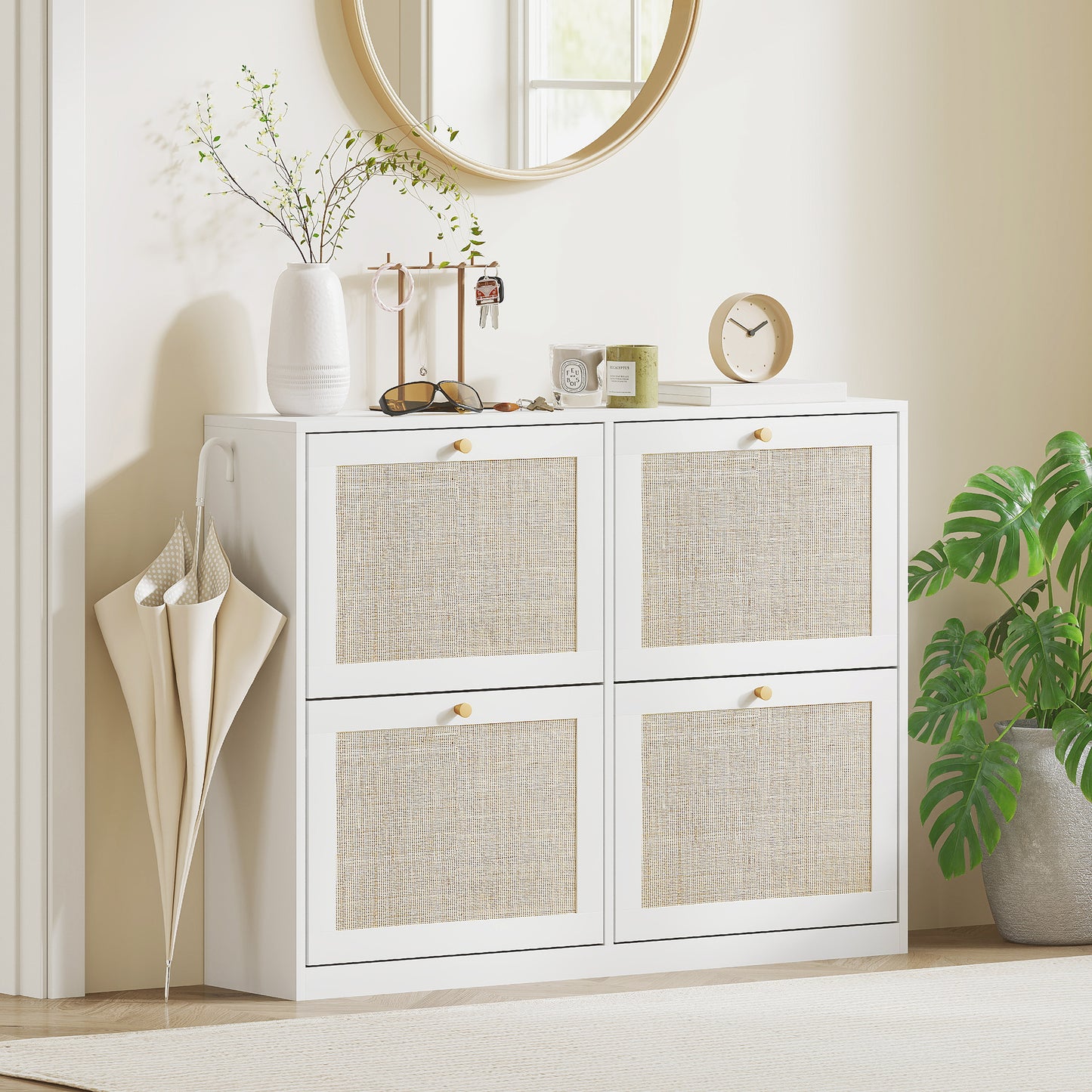 Narrow Shoe Storage Cabinet, Rattan Shoe Cabinet with 4 Flip Drawers and Adjustable Shelves for 20 Pairs, White Kids Crystal