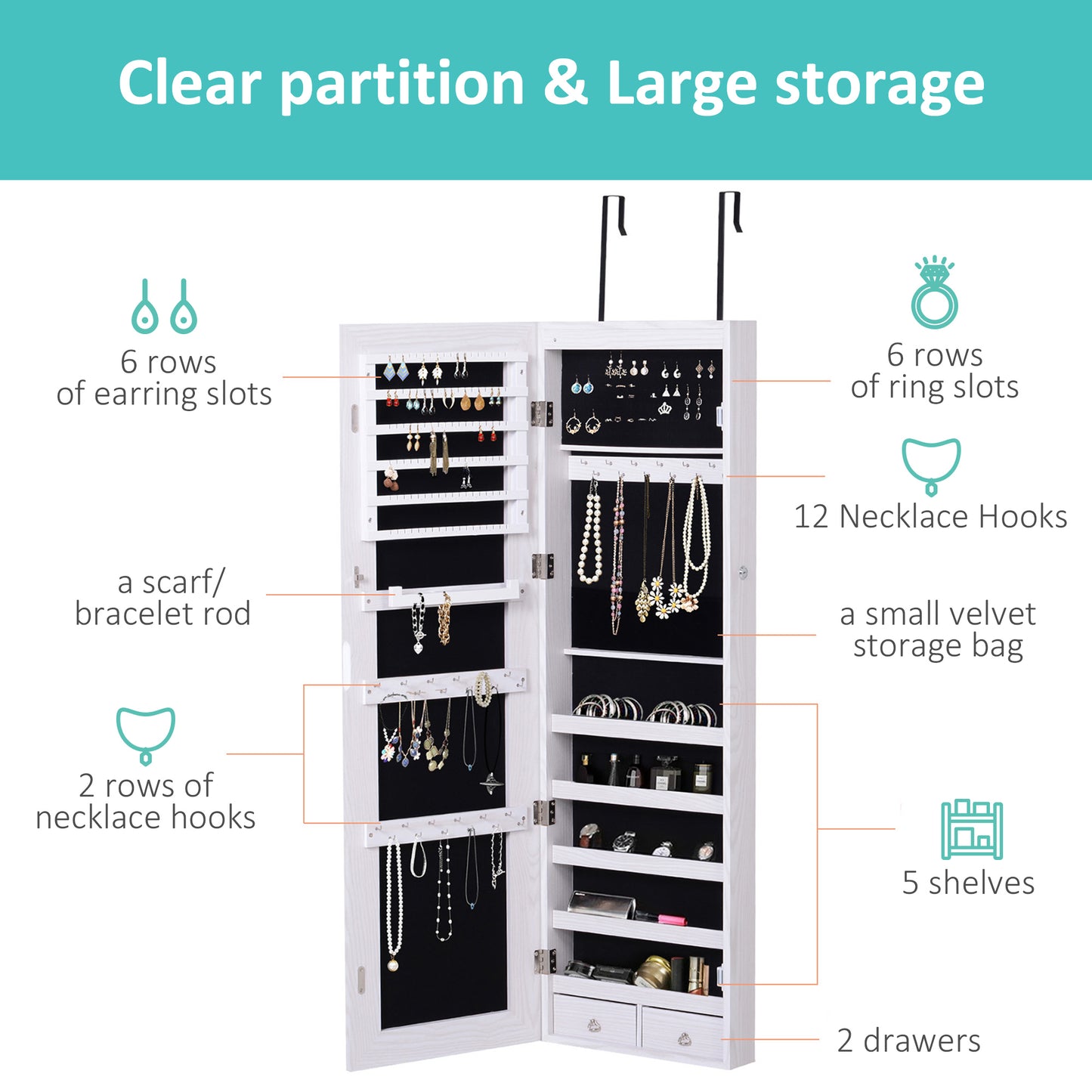 LED Lighted Mirror Jewelry Cabinet Wall Door Mounted Storage Organizer Armoire Wood Grain Gray