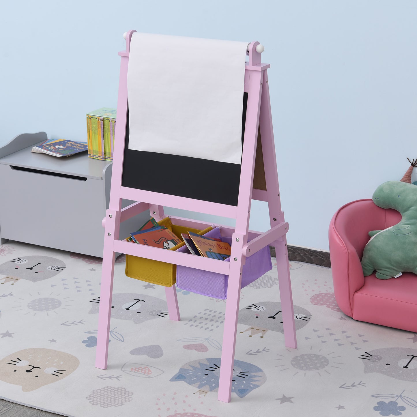 3 In 1 Kids Wooden Art Easel w/ Paper Roll Double-Sided Chalkboard Whiteboard with Storage Baskets Gift for Toddler Age 3+ Pink Kids Crystal