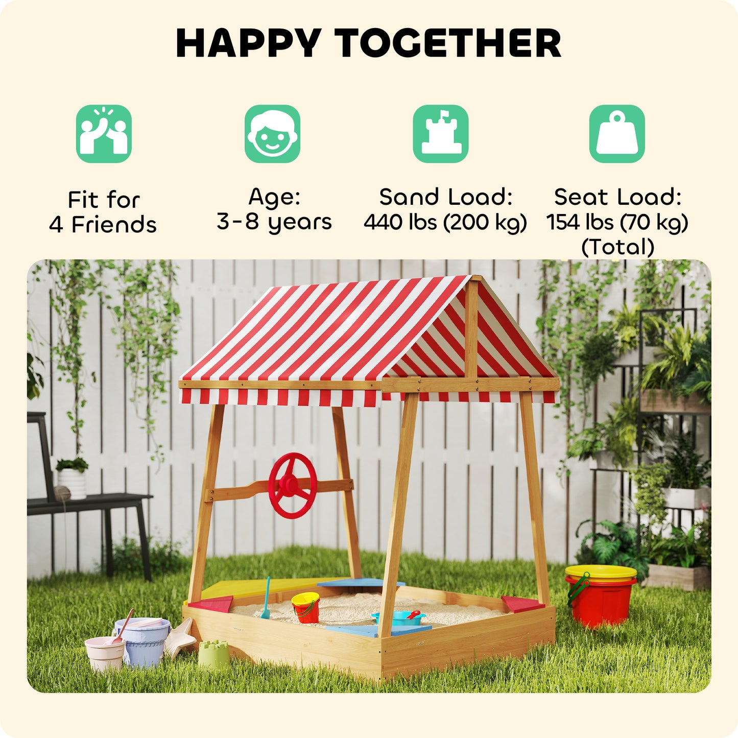 Wooden Kids Sandbox with Cover, 4 Seats, Rudder, Deck, Bottom Liner, 52" x 40" x 55.5" for Ages 3-8, Yellow Kids Crystal