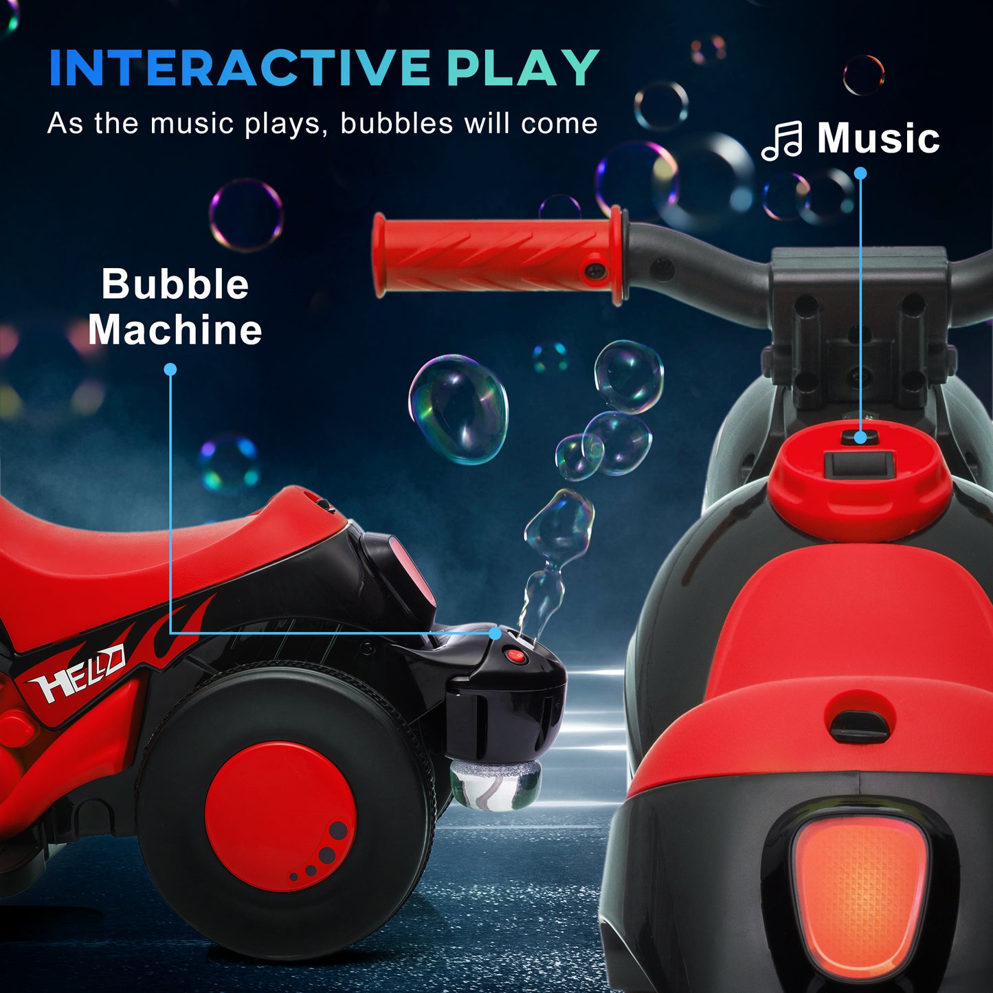 Electric Motorcycle for Kids, 6V Ride on Bubble Car with LED Headlight, Music, Pedal, for 2-5 Years Black Kids Crystal