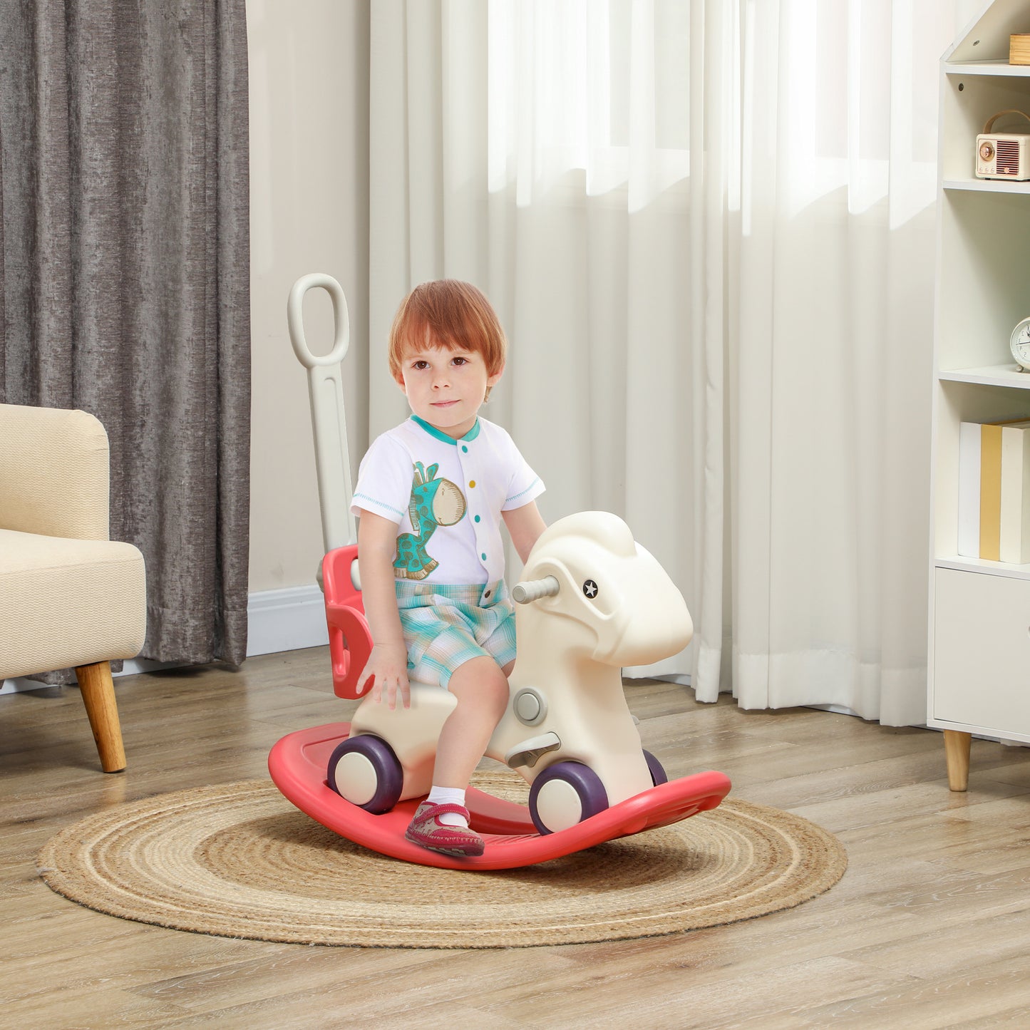 4 in 1 Kids Rocking Horse w/ Detachable Balance Board & Push Handel, Red Kids Crystal