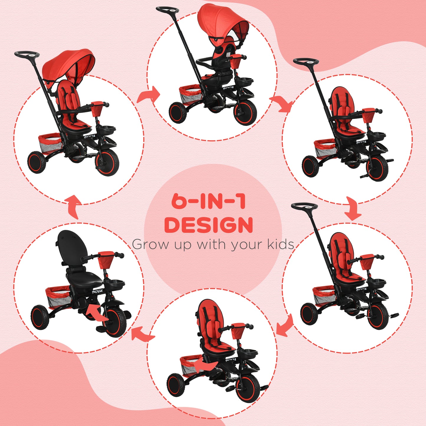 6-in-1 Toddler Tricycle, Kids Trike with Rotatable Seat, Adjustable Push Handle, Safety Harness, Detachable Canopy, Red