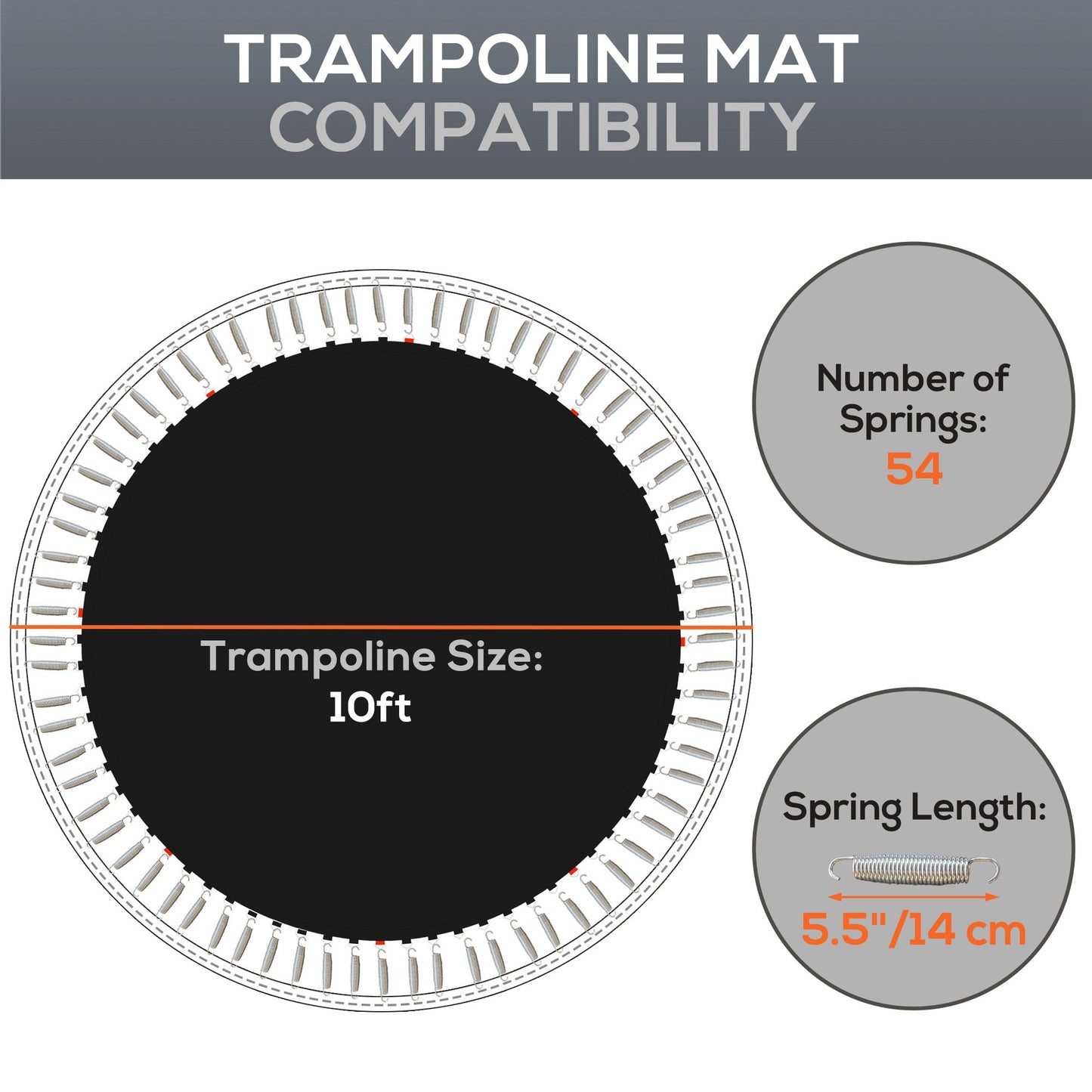 Trampoline Jumping Mat Replacement with Spring Tool 54 V-Hooks for 10ft Round Trampolines Black Kids Crystal