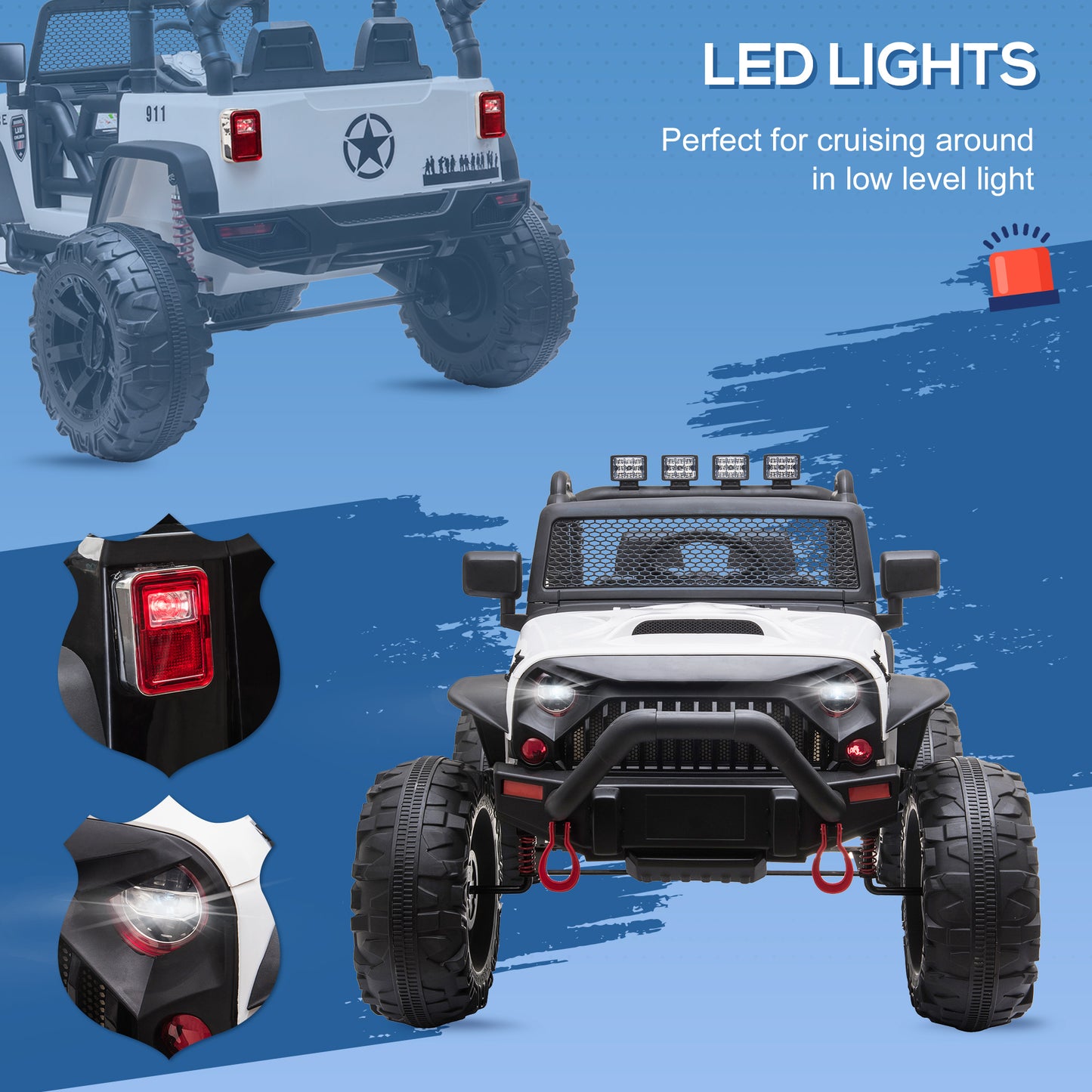 12V Battery-powered Kids Electric Ride On Police Car 2-Seater SUV Truck Toy with Parental Remote Control Bluetooth, White Kids Crystal