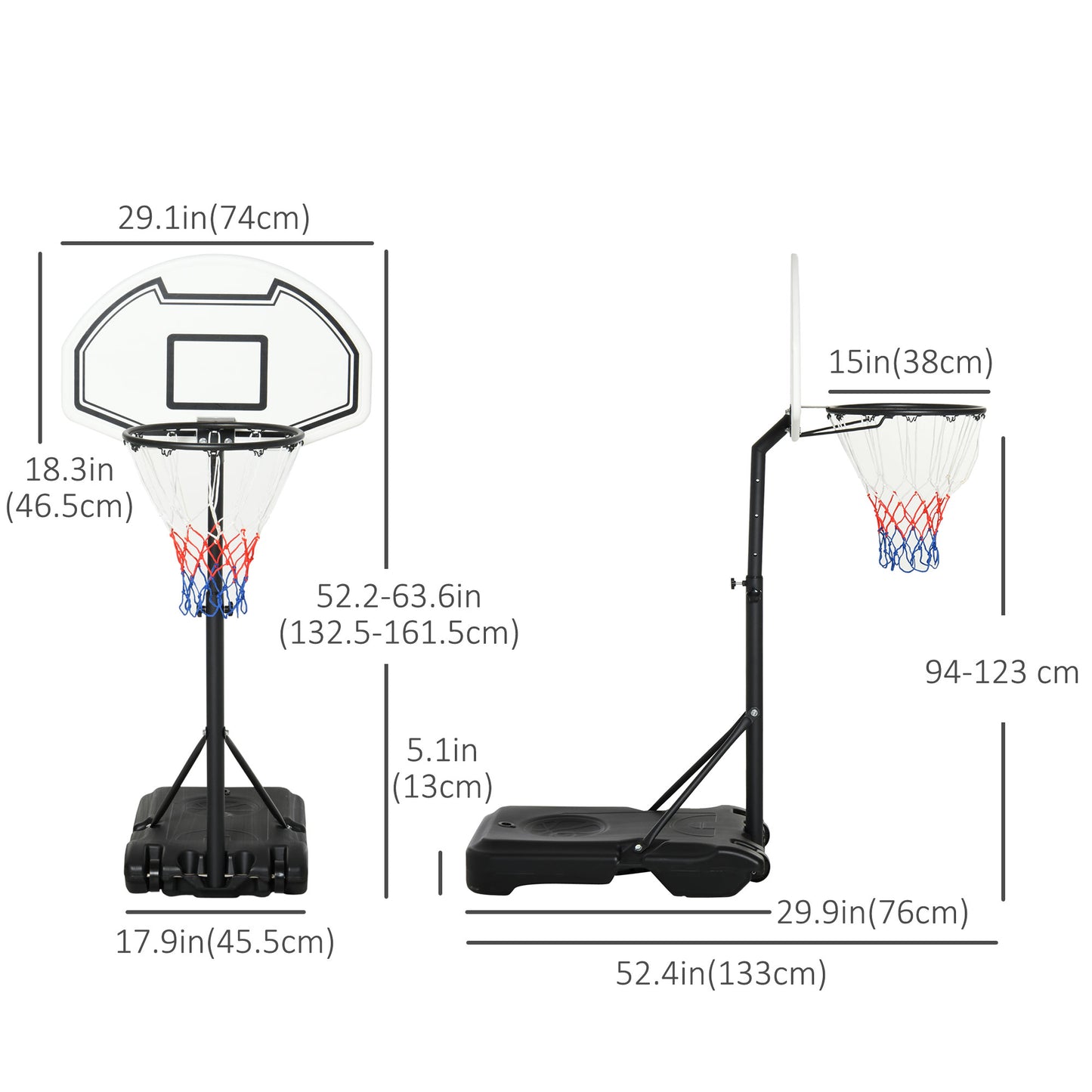 51"-64" Height Adjustable Basketball Hoop System Portable Poolside with Wheels Kids Crystal