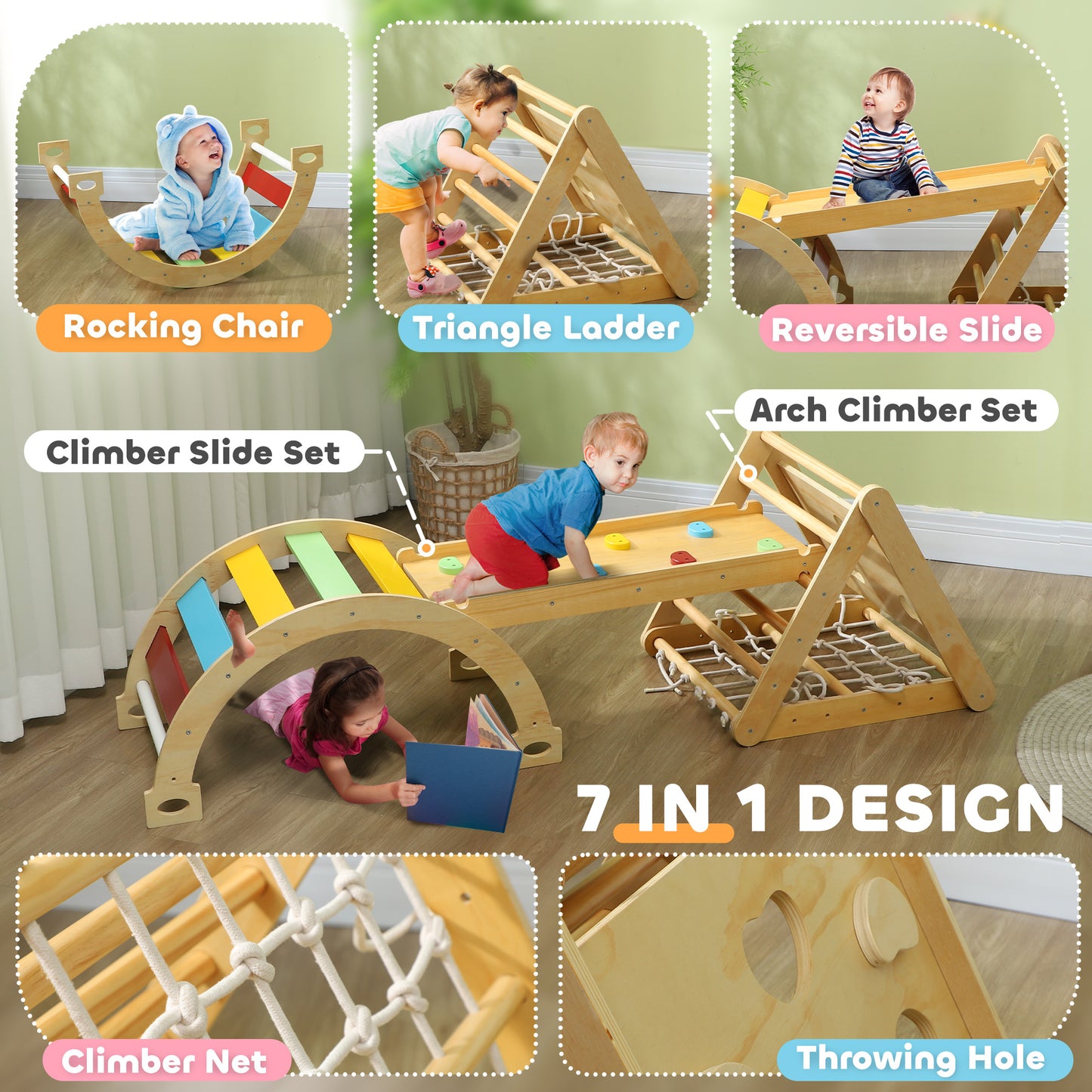 7 in 1 Pikler Triangle Set with Ramp, Arch Ladder, for 18-48 Months, Multicolour Kids Crystal
