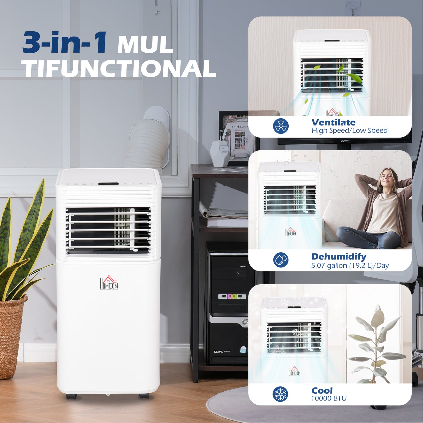10000 BTU Portable Air Conditioner with Fan & Dehumidifier Mode, Quiet AC Unit with Remote Control, 24-Hour Timer, White