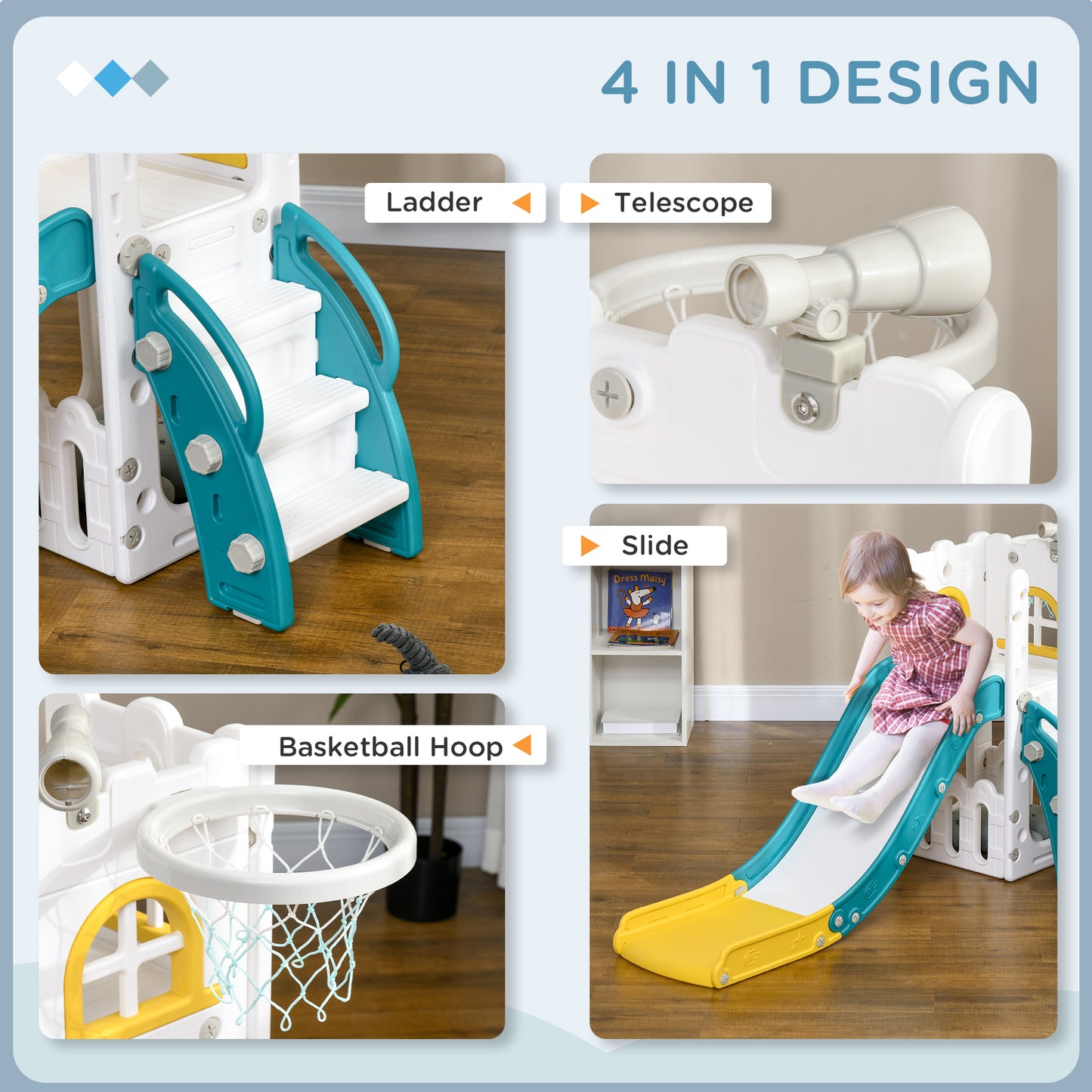 4 in 1 Toddler Slide with Basketball Hoop, Climber, Telescope, Storage Basket, for 1-3 Years Kids Indoor Use, Yellow Kids Crystal