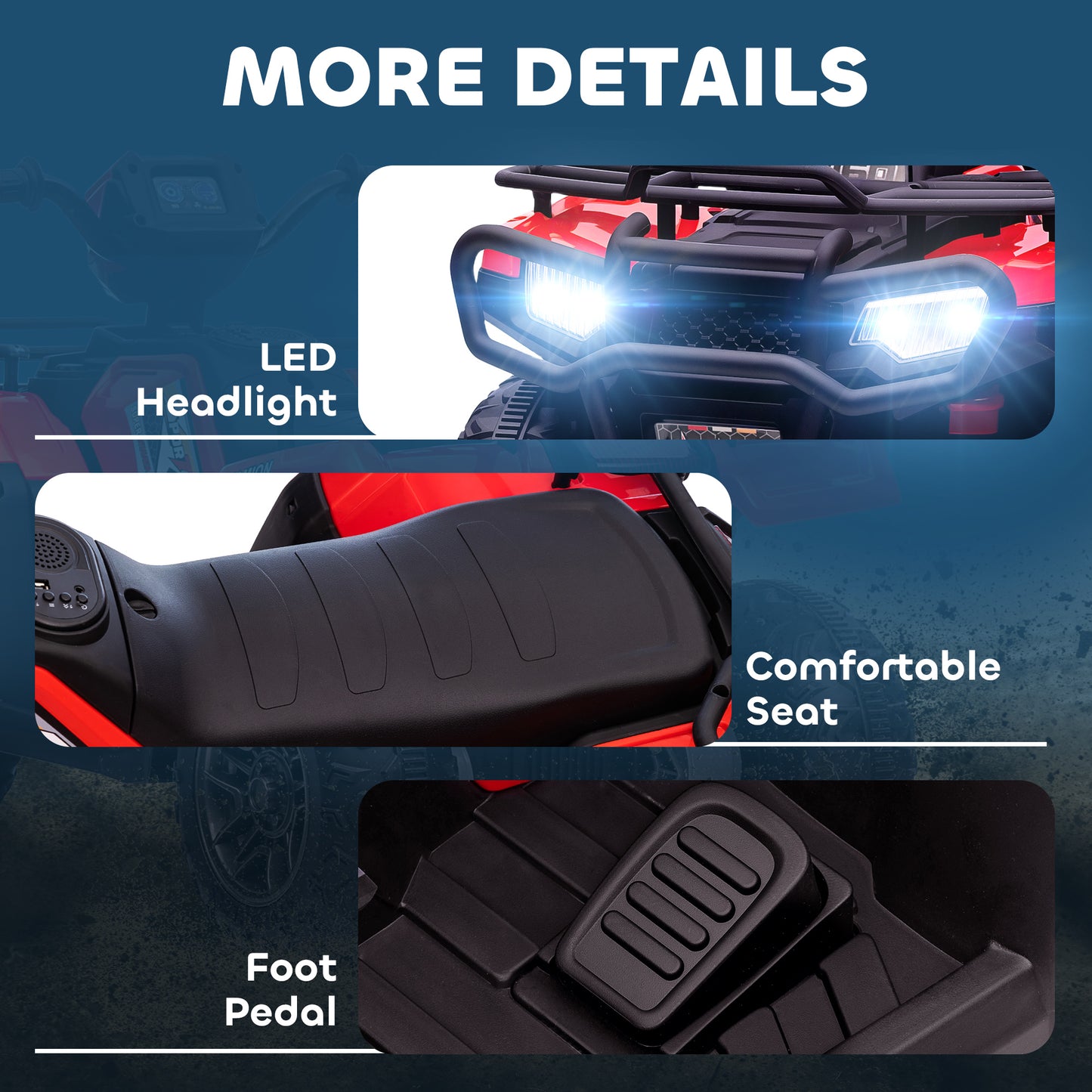 Kids ATV: 12V, 4 Wheeler Quad, Battery Powered, Music, LED Lights, Treaded Tires, 3-5 Years, Red Kids Crystal