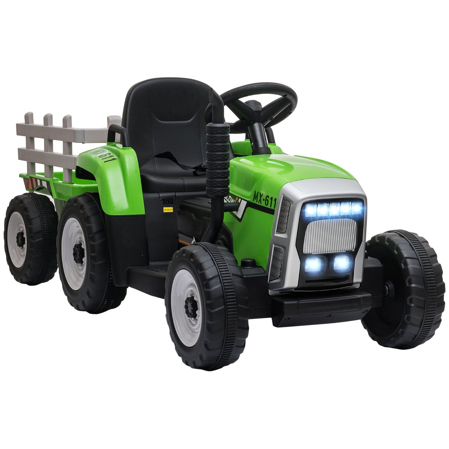 12V Electric Tractor for Kids - Ride-On with Trailer, Battery Powered, Remote Control, Music, Start-Up Sound & Horn, Green Kids Crystal