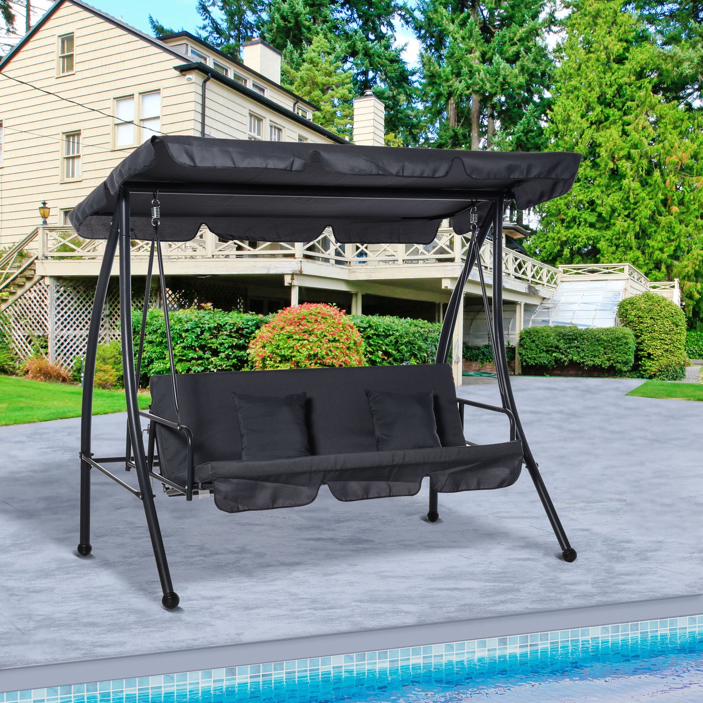 Convertible Patio Swing Chair Garden 3 Person Hammock Outdoor Lounge Bed Cushioned with Tilt Canopy Dark Grey Kids Crystal