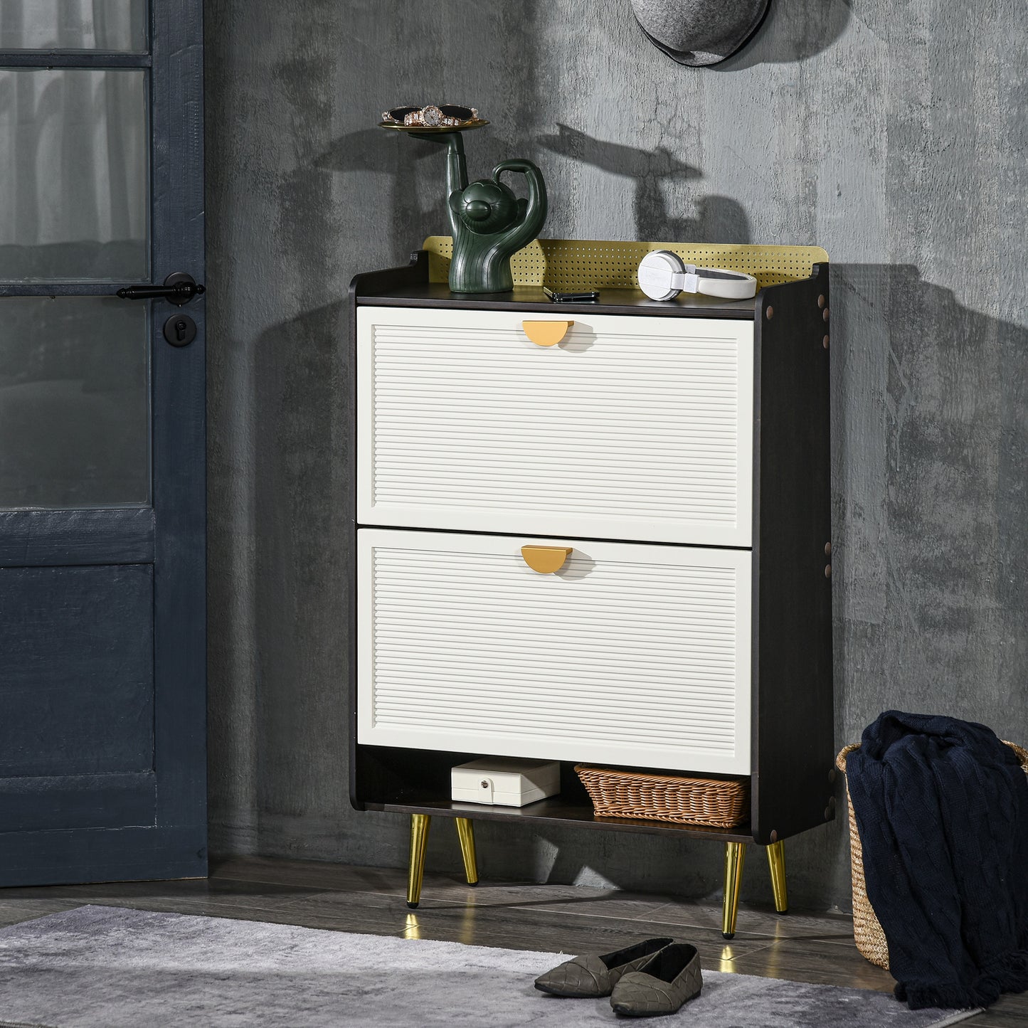 Modern Shoe Cabinet: 2 Flip Drawers, Open Shelf for 12 Pairs Storage Solution in White Finish Kids Crystal