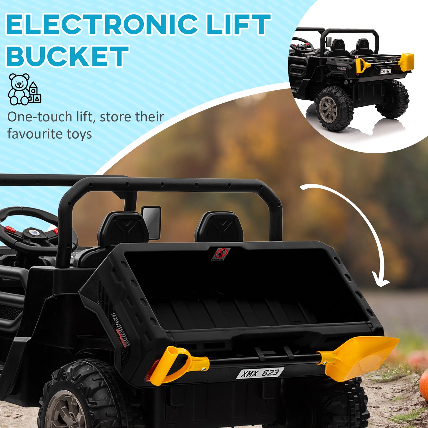 Kids Ride On Car 12V Battery Powered 2 Seater Truck with Remote Control Music Lights Spring Suspension Black Kids Crystal