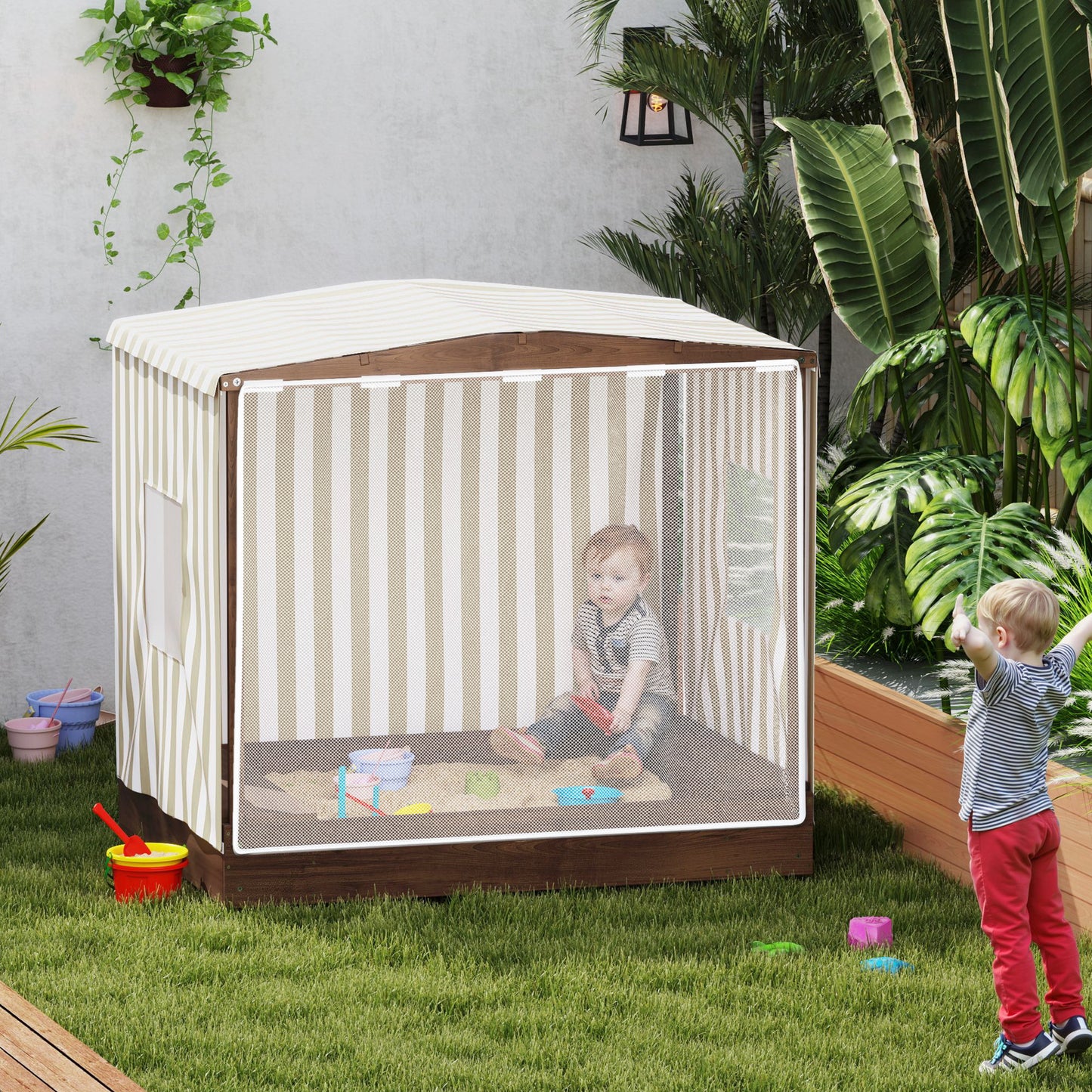 Kids Sandbox with Full Covered Canopy, Bench Seats, Bottom Liner, for Ages 3-6, 56" x 40" x 52" Brown Kids Crystal