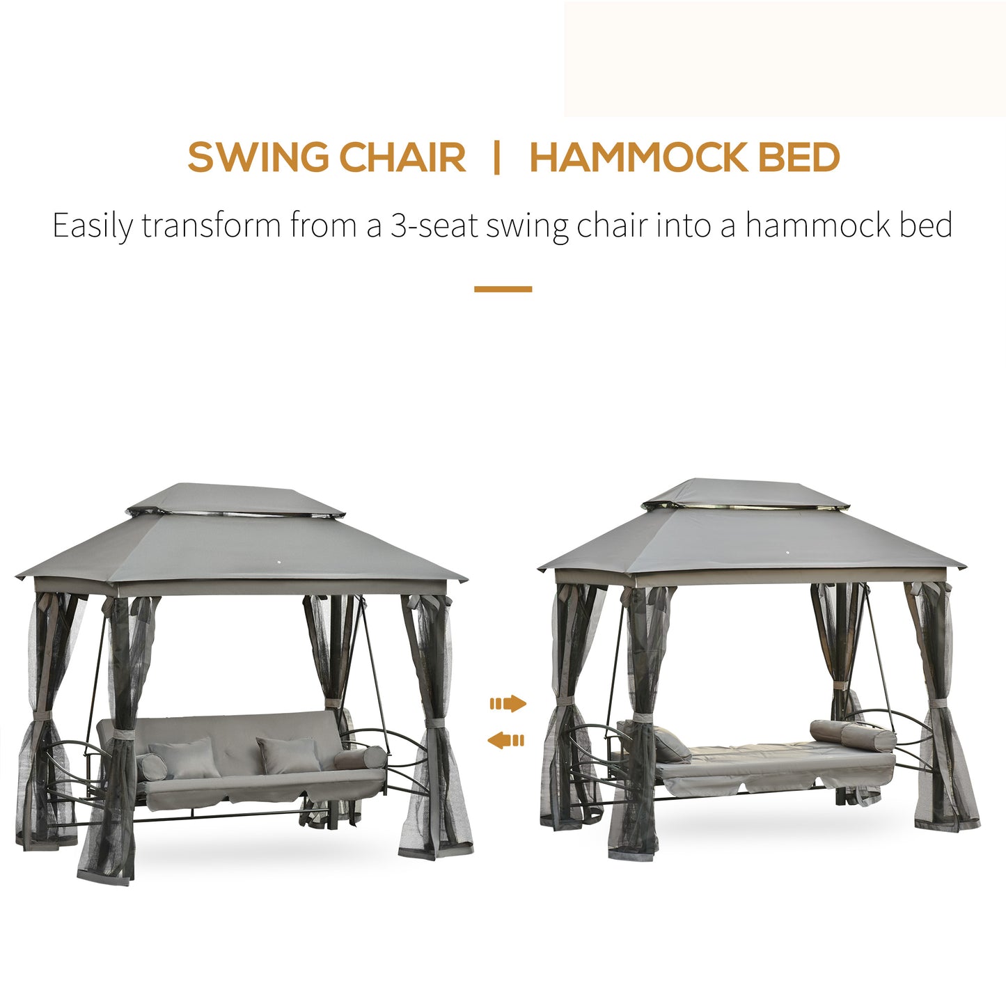 3 Person Outdoor Patio Daybed 3 in 1 Canopy Gazebo Swing Chair Garden Hammock with Mesh Mosquito Net and Sun Shade Grey