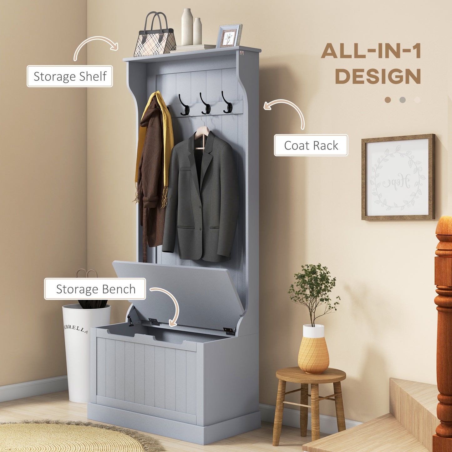 3-In-1 Hall Tree with Coat Rack, Shoe Storage and Bench Seat, Entryway Bench with 4 Hooks for Hallway, Living Room, Grey