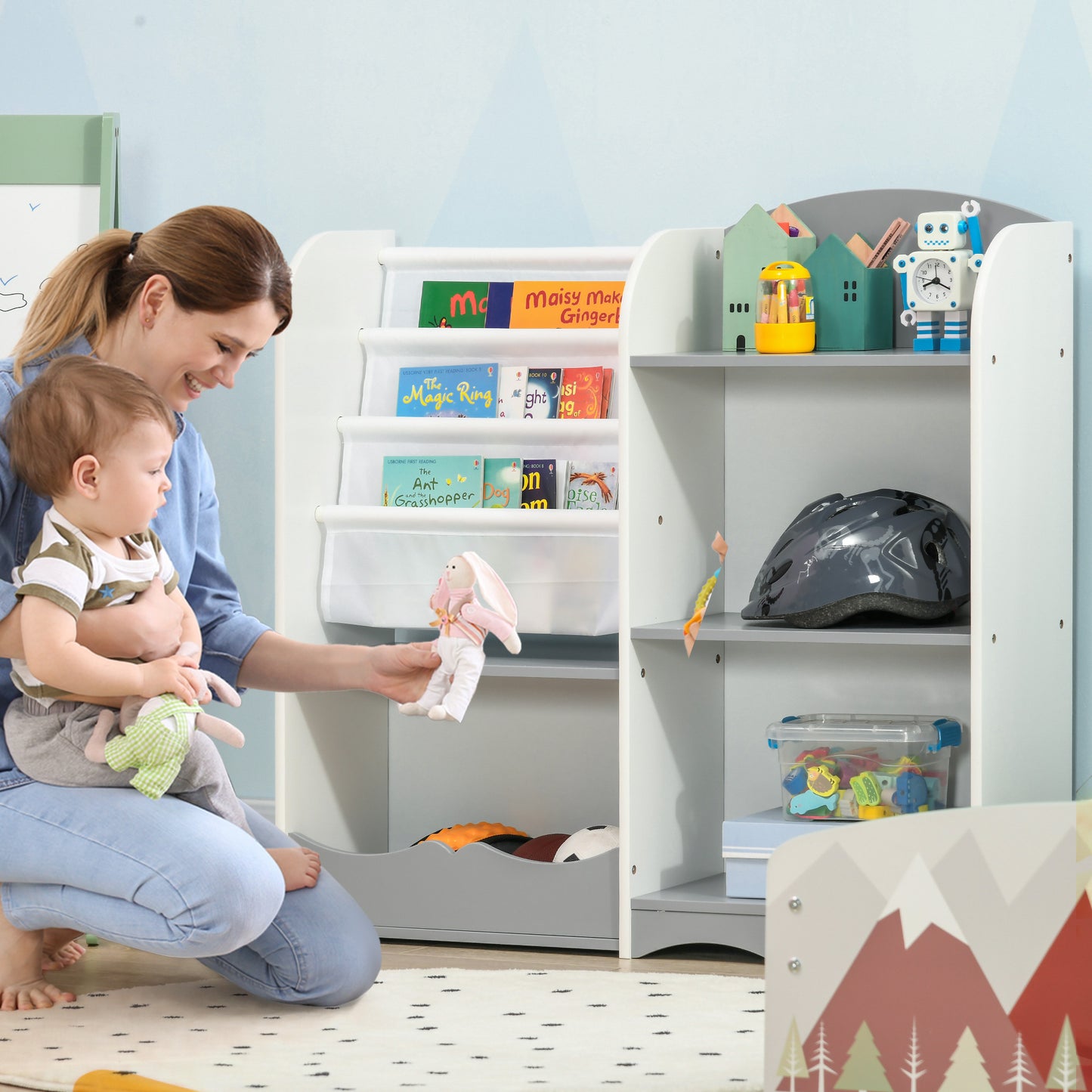 Kids Toy Storage Organizer Shelf Children Bookshelf for Bedroom Playroom Nursery Grey Kids Crystal