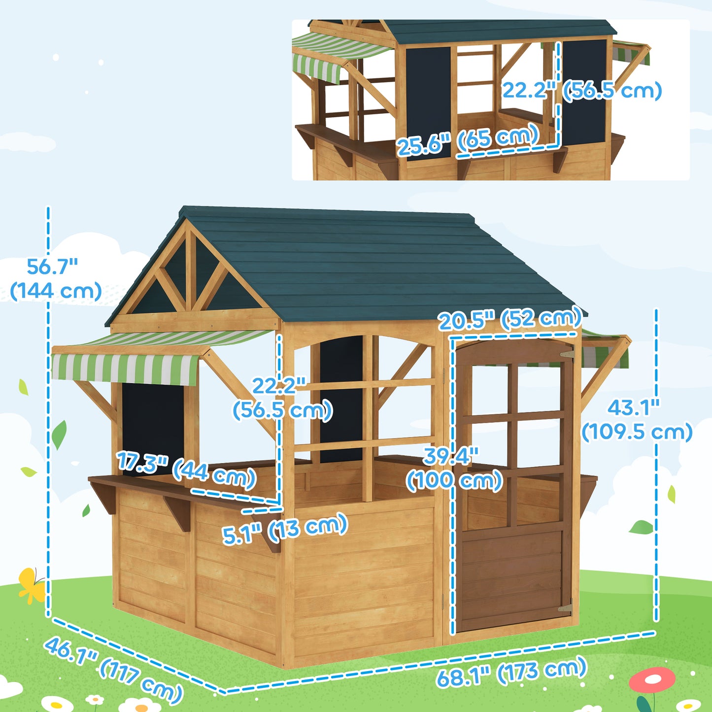 Wooden Foldable Outdoor Playhouse for Kids Ages 3-8, Snack Bars, Working Door, Rain Covers, Blackboards, Brown Kids Crystal