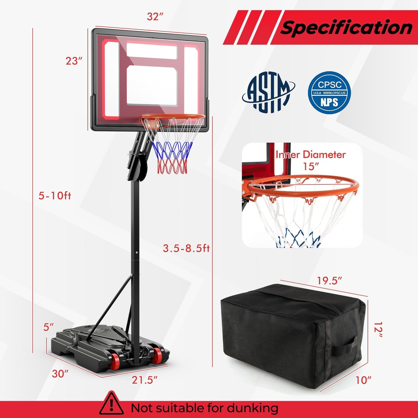 Basketball Hoop with 5-10 Feet Adjustable Height for Indoor Outdoor Kids Crystal