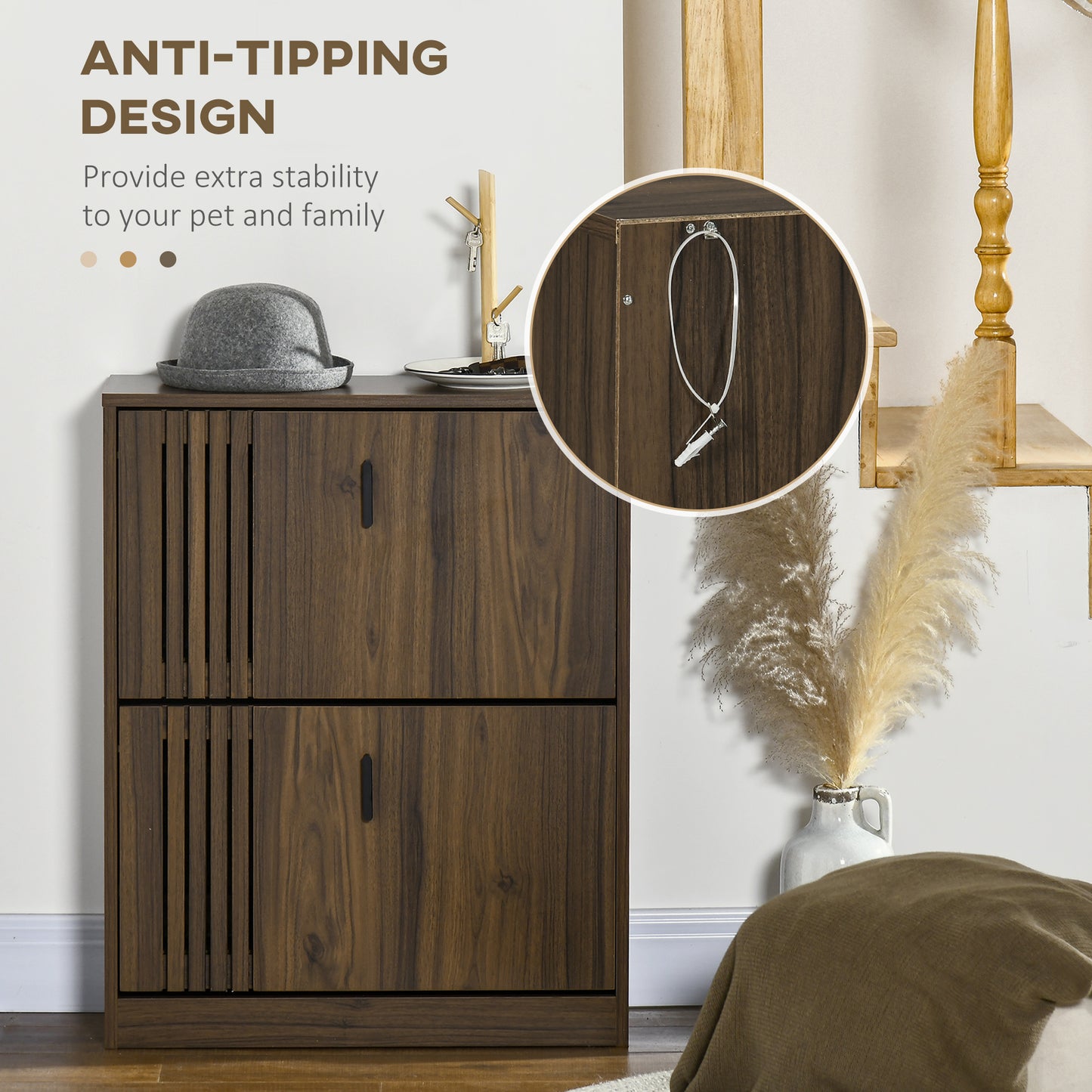 Shoe Organizer Cabinet for 12 Pairs with 2 Flip Drawers Adjustable Shelves Walnut Kids Crystal