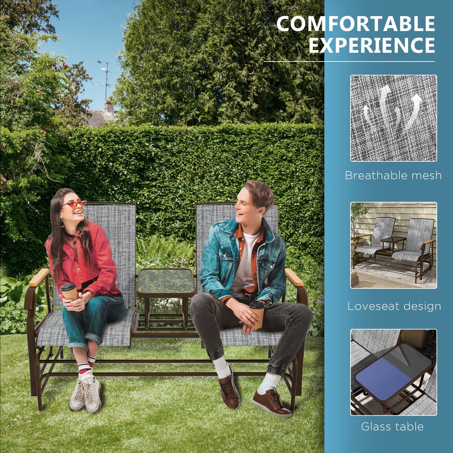 Outdoor 2-Person Glider Bench Swing Chair Loveseat Breathable Mesh Table Steel Frame