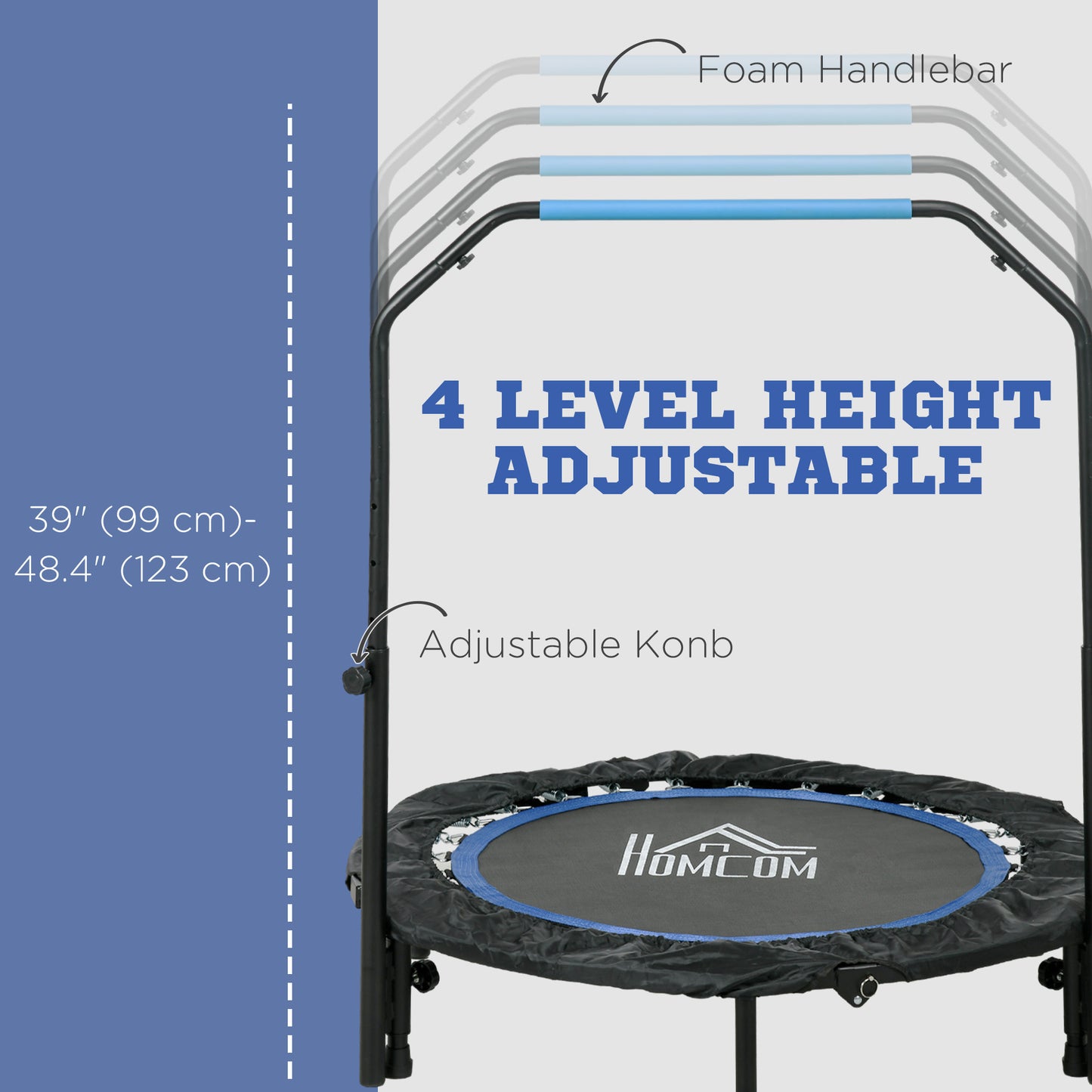 40" Foldable Mini Fitness Trampoline, with Adjustable Foam Handle, Blue Kids Crystal