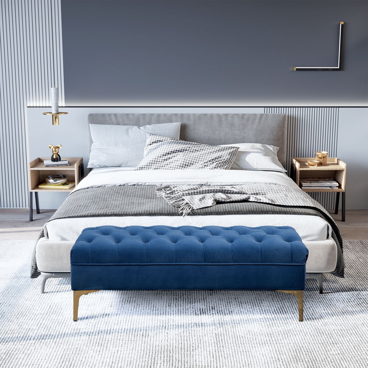 Velvet Upholstered Bench Button Tufted End of Bed Entryway Shoe Storage for Living Room Bedroom Decor Blue Kids Crystal