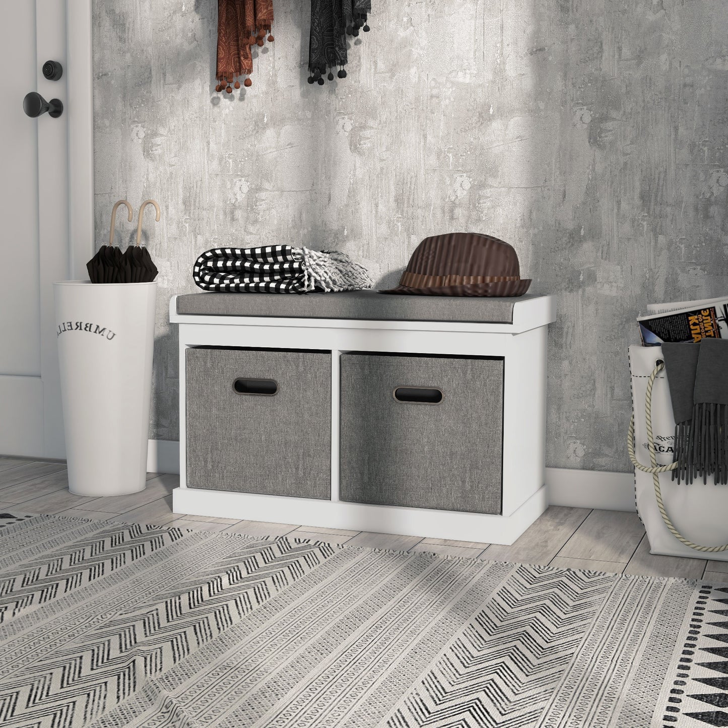 Shoe Storage Entryway Bench Seat with Cushion 2 Fabric Drawers for Hallway White Kids Crystal