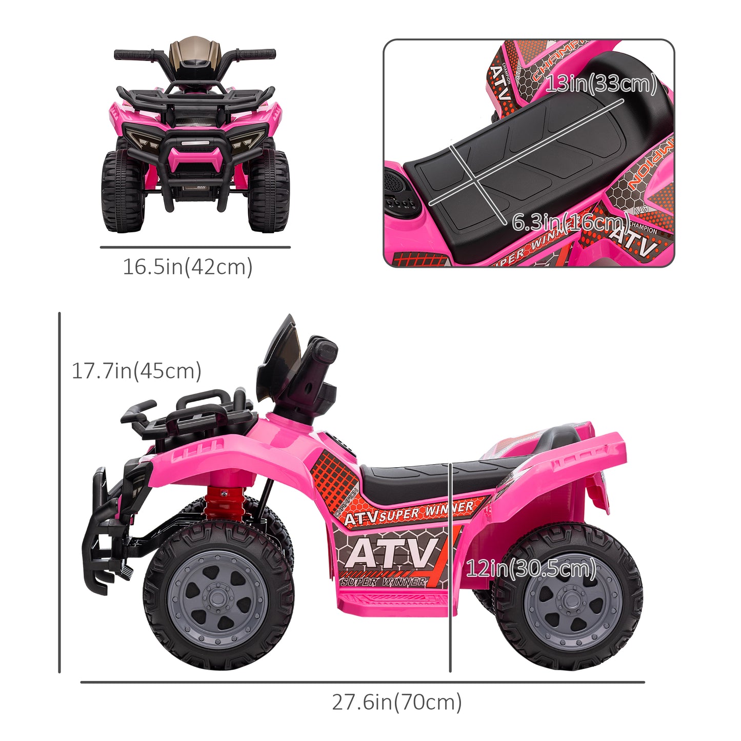 Ride-On ATV: 6V Battery Powered, Four Wheeler, Headlights, 18-36 Months, Pink, Toddler Quad Kids Crystal