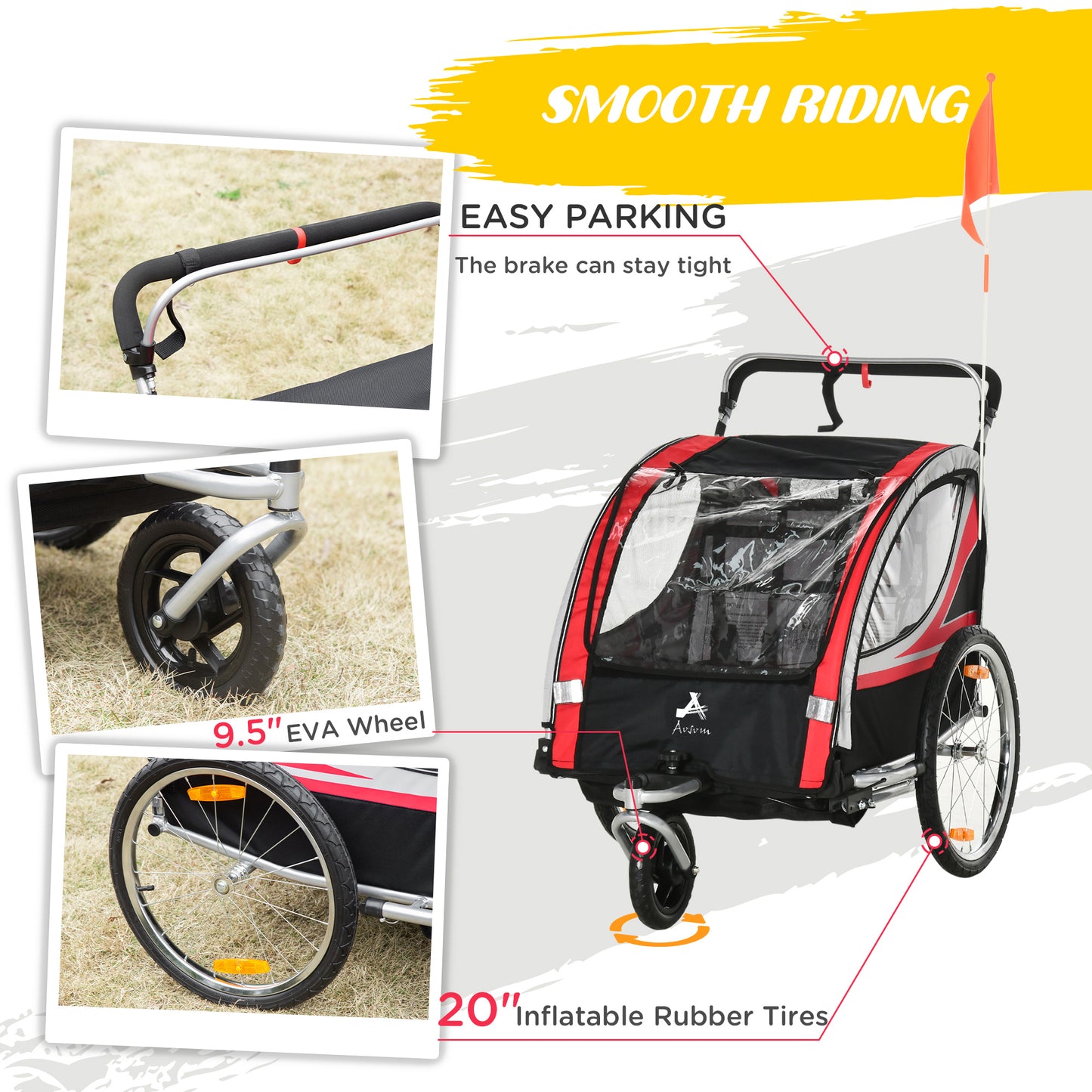 2-in-1 Child Bike Trailer & Stroller, Safety Brake, Storage, Reflective, Red, 5-Point Harness Kids Crystal