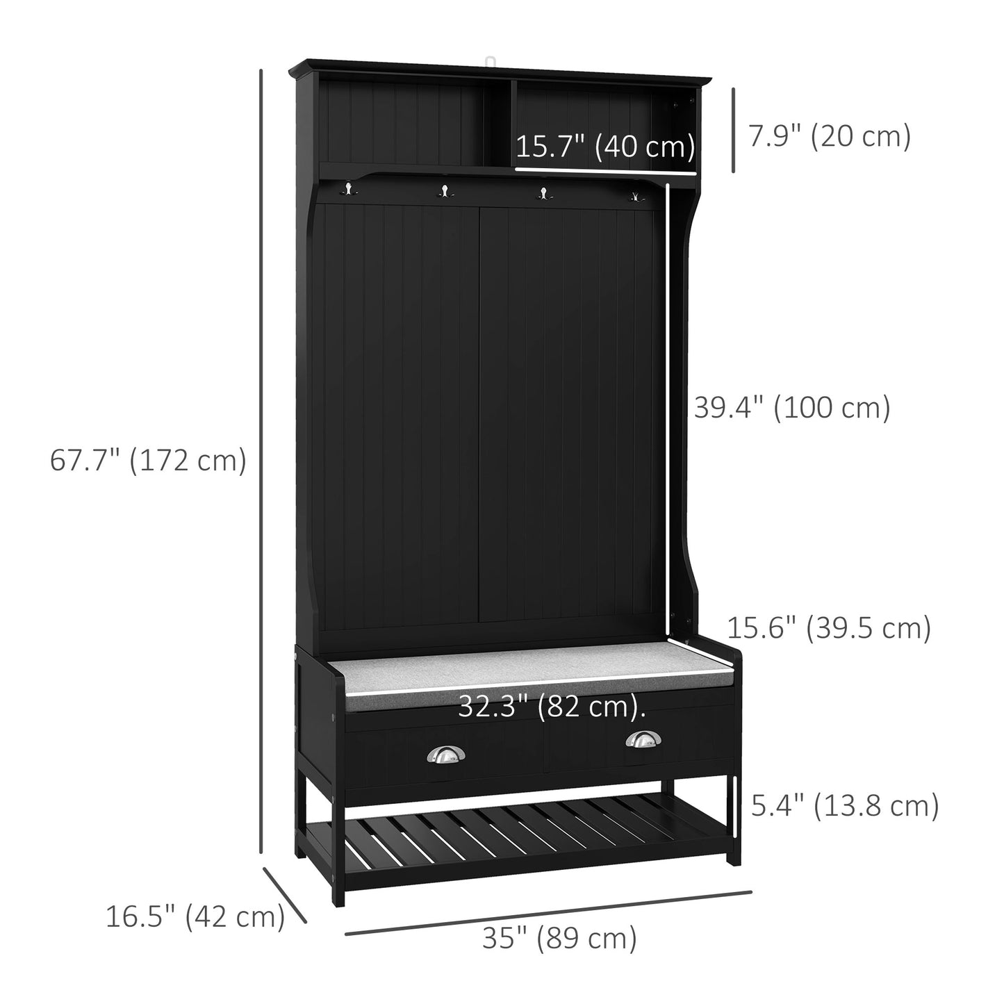 Coat Rack Shoe Bench, Hall Tree with Bench and Shoe Storage, Entryway Bench with 4 Hooks, 2 Drawers, 2 Shelves, Black