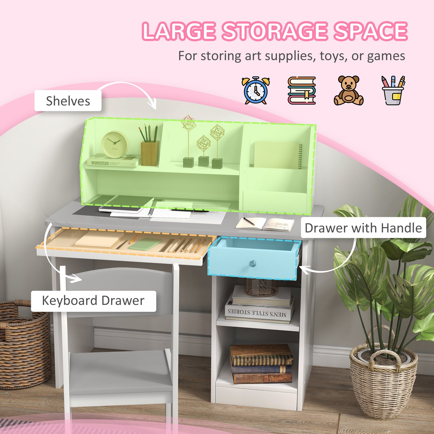 Kids Desk and Chair Set for 5-8 Year Old with Storage Study Table and Chair for Children Grey Kids Crystal